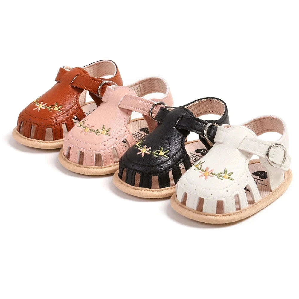 Newborn Baby Girl Sandals with Embroidered Floral Soft Sole-Pink / 11(0-6M)