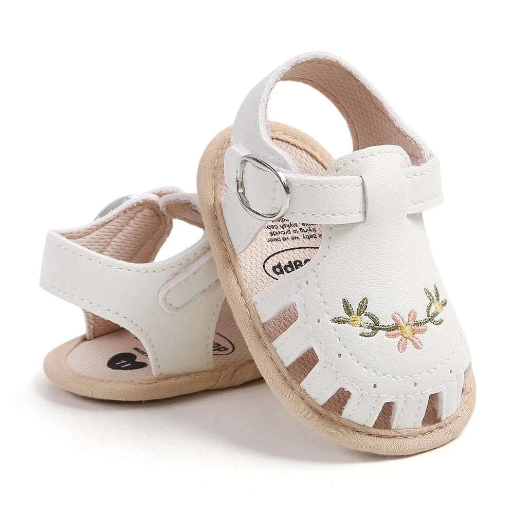 Newborn Baby Girl Sandals with Embroidered Floral Soft Sole-Pink / 11(0-6M)