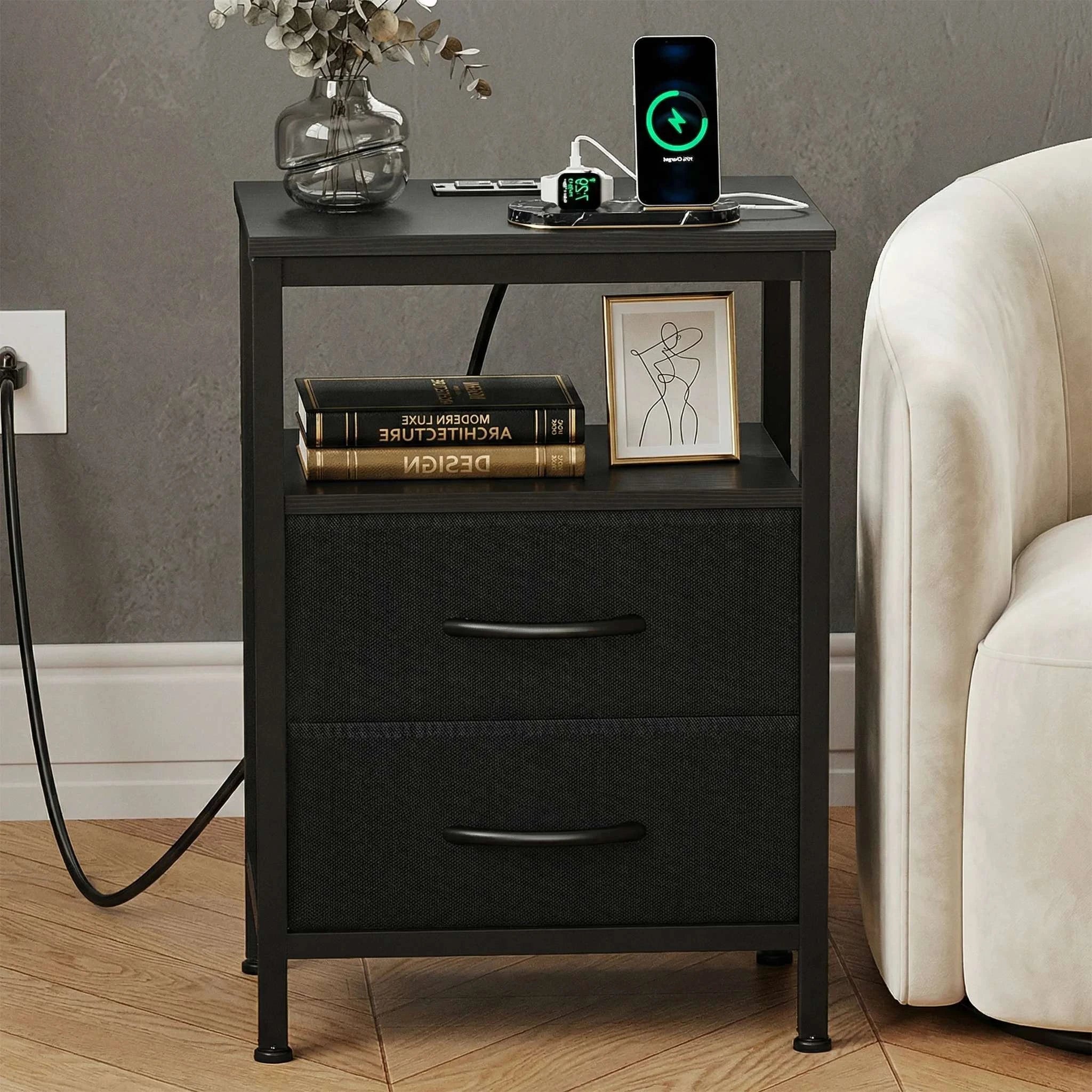 Nightstand with Charging Station, 2 Fabric Drawers & Shelf-black / United States