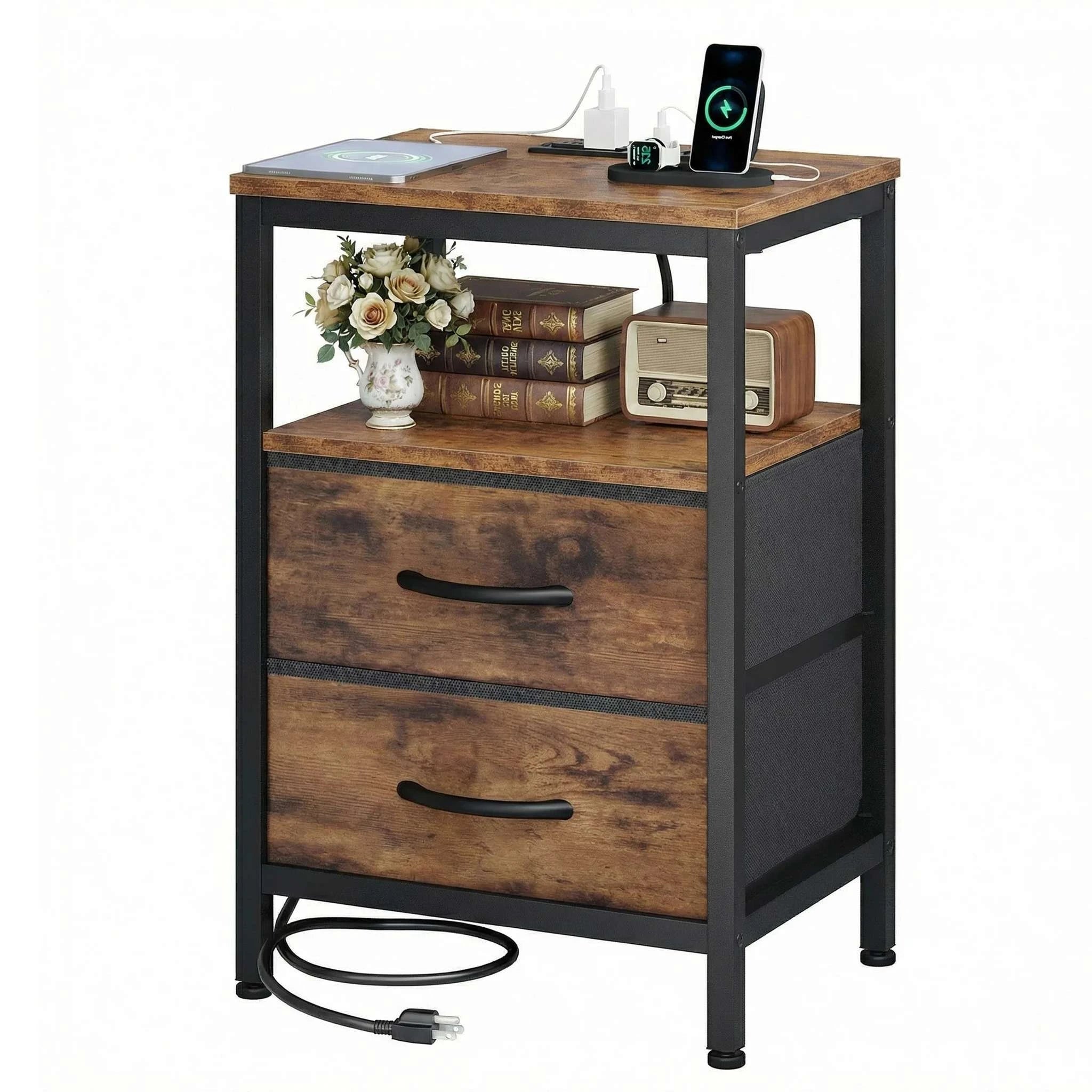 Nightstand with Charging Station, 2 Fabric Drawers & Shelf-black / United States