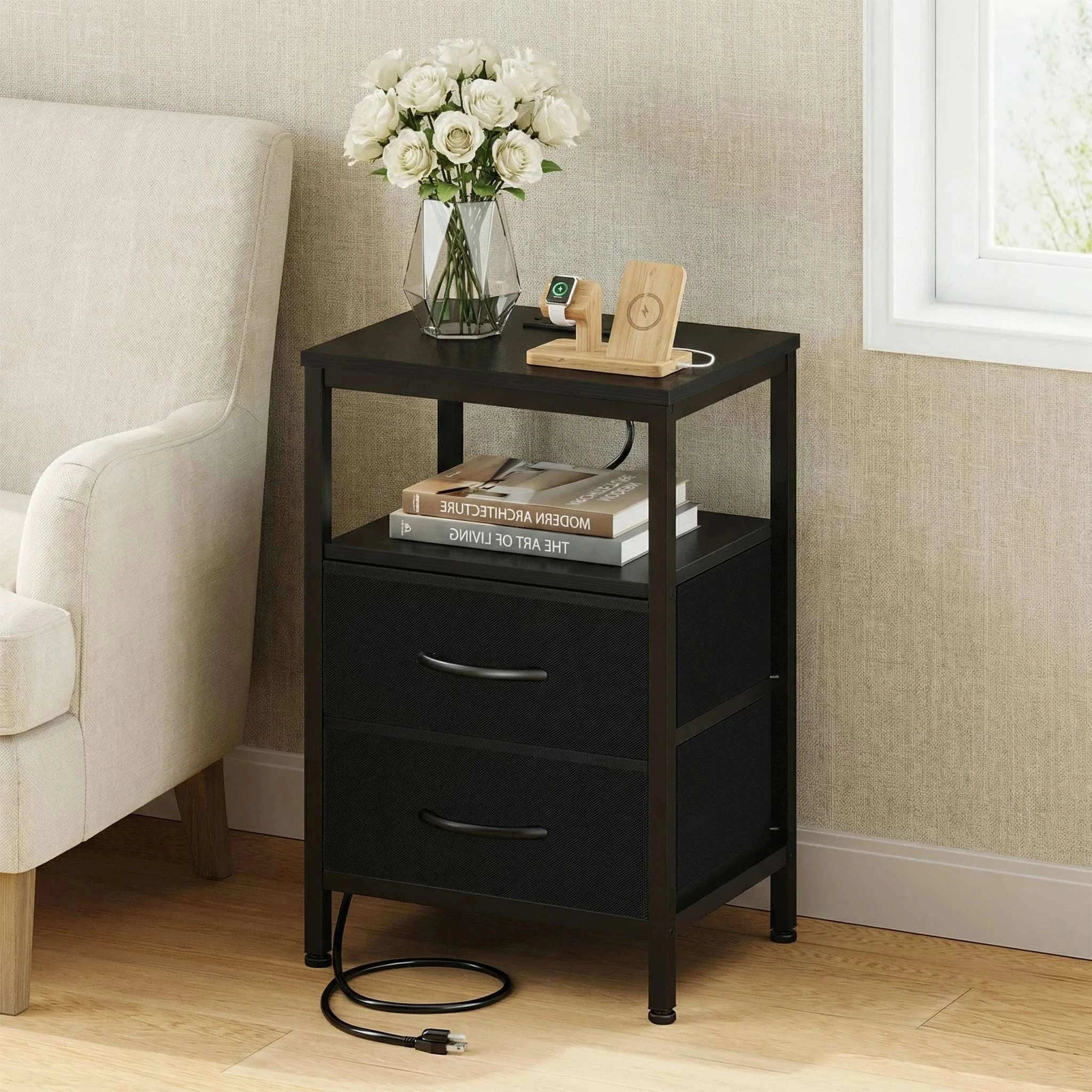 Nightstand with Charging Station, 2 Fabric Drawers & Shelf-black / United States