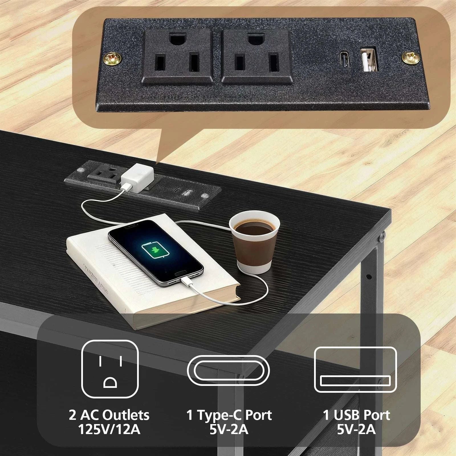 Nightstand with Charging Station, LED Light & 3 Fabric Drawers-black / United States
