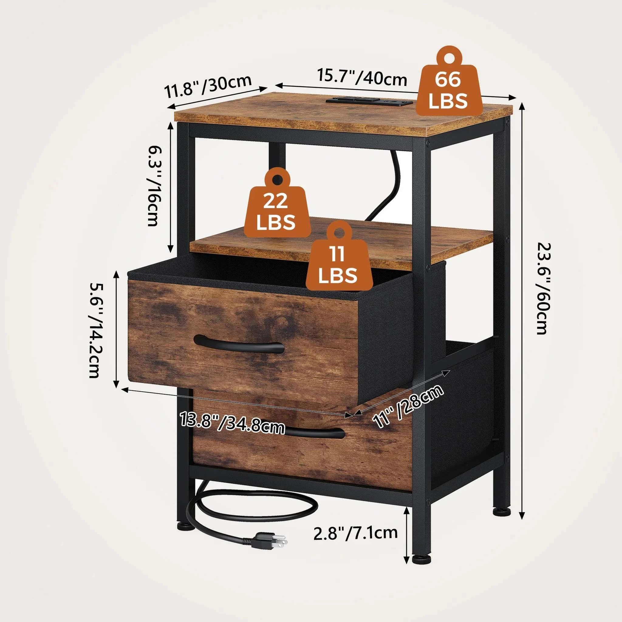 Nightstands Set of 2 with USB Ports and Fabric Drawers Storage-Black and Rust / United States