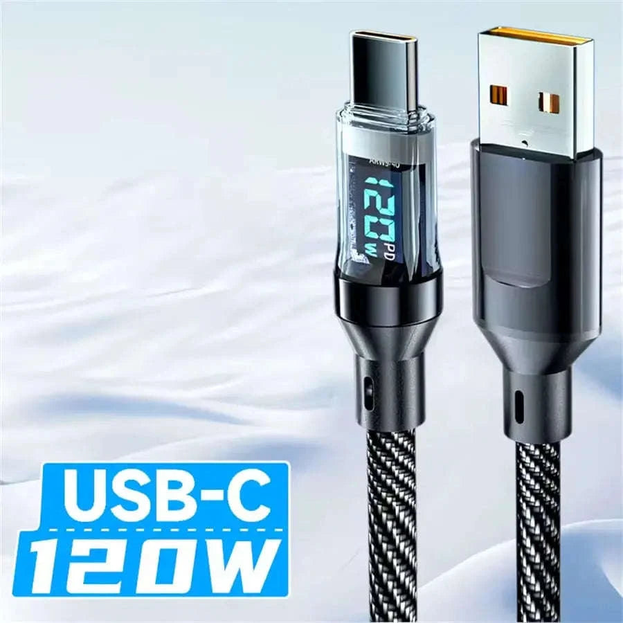 NNBILI 120W Fast Charging USB‑C Cable – LED Display, Durable Braided Design-120W USB A cable / 1m