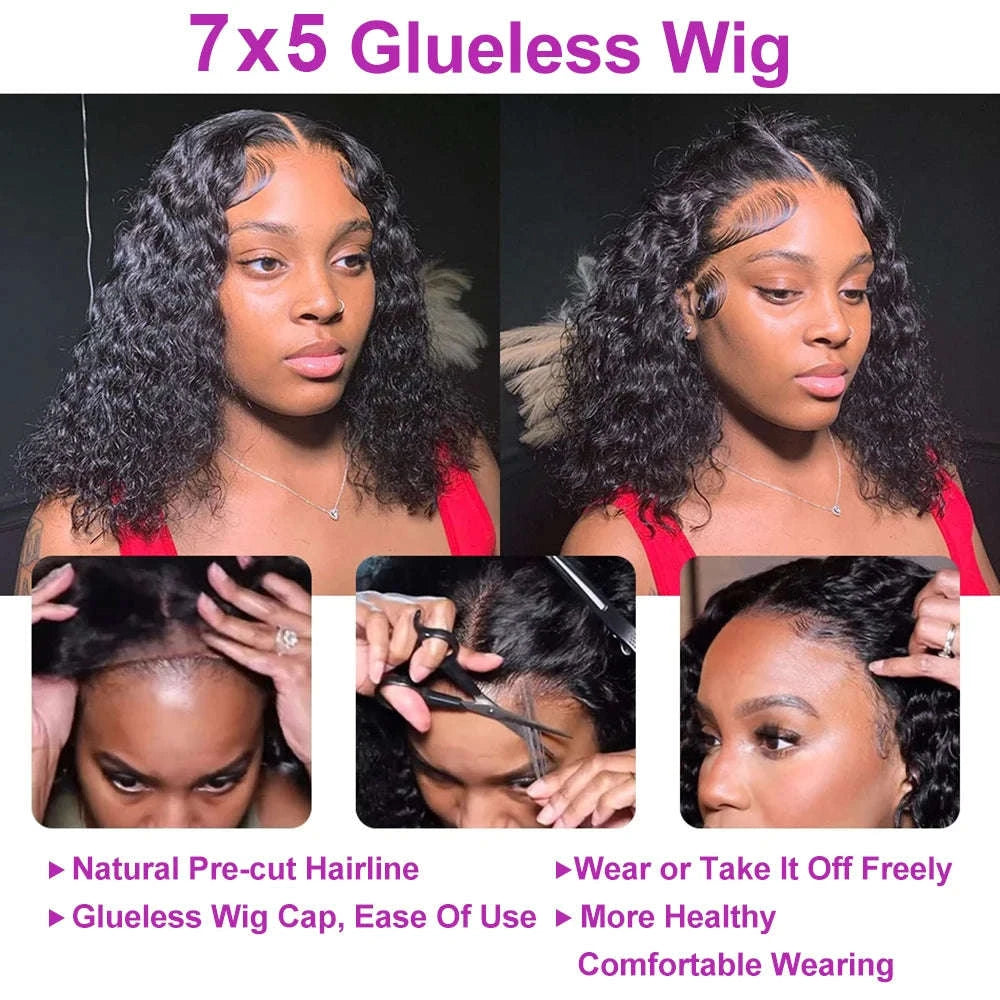 No-Glue Deep Wave Lace Frontal Wig for Women-7x5 Glueless Wig / United States / 8inches|250%
