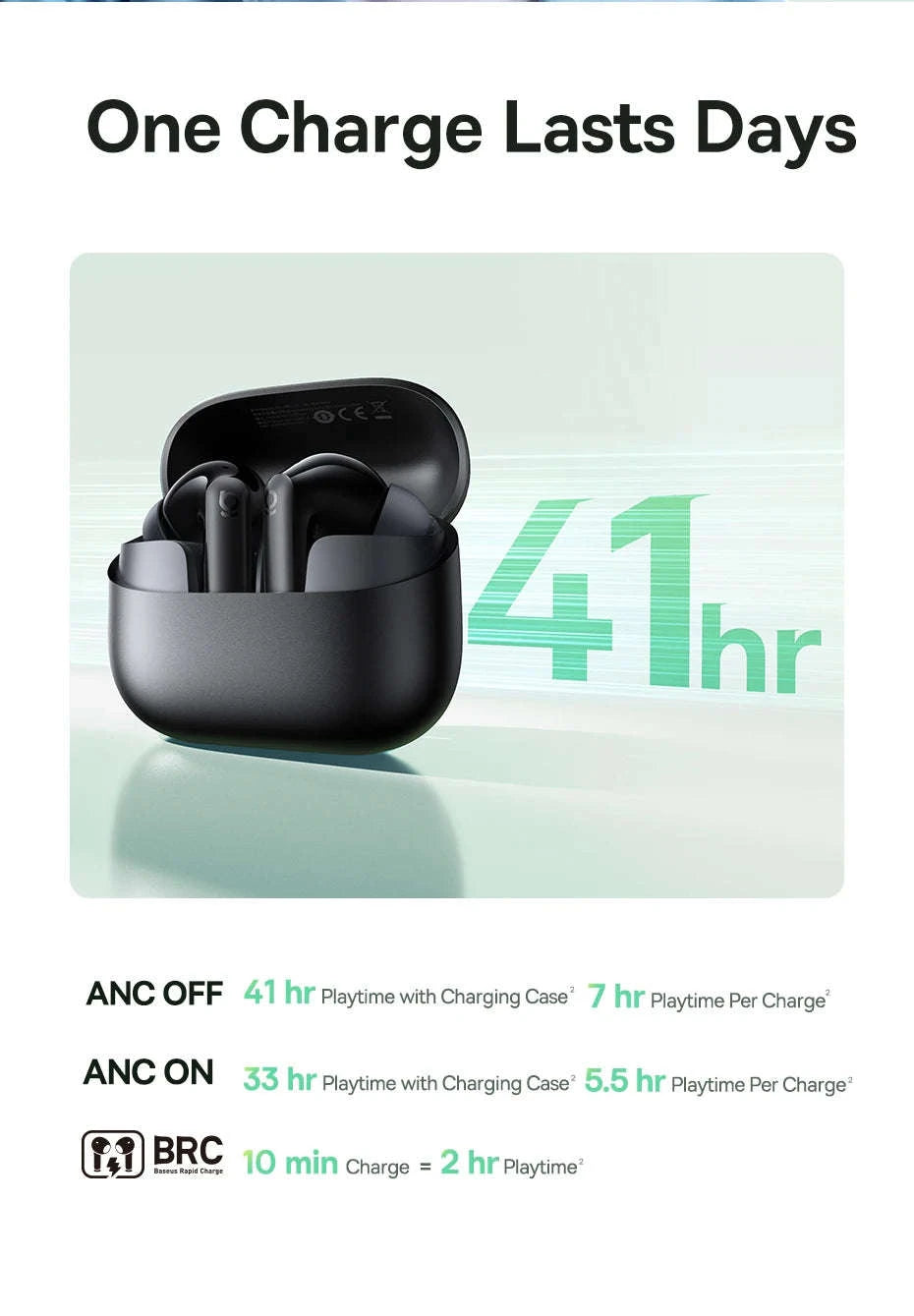 Noise Cancelling True Wireless Earbuds Bluetooth 6.0 with 41Hr Playtime-Black