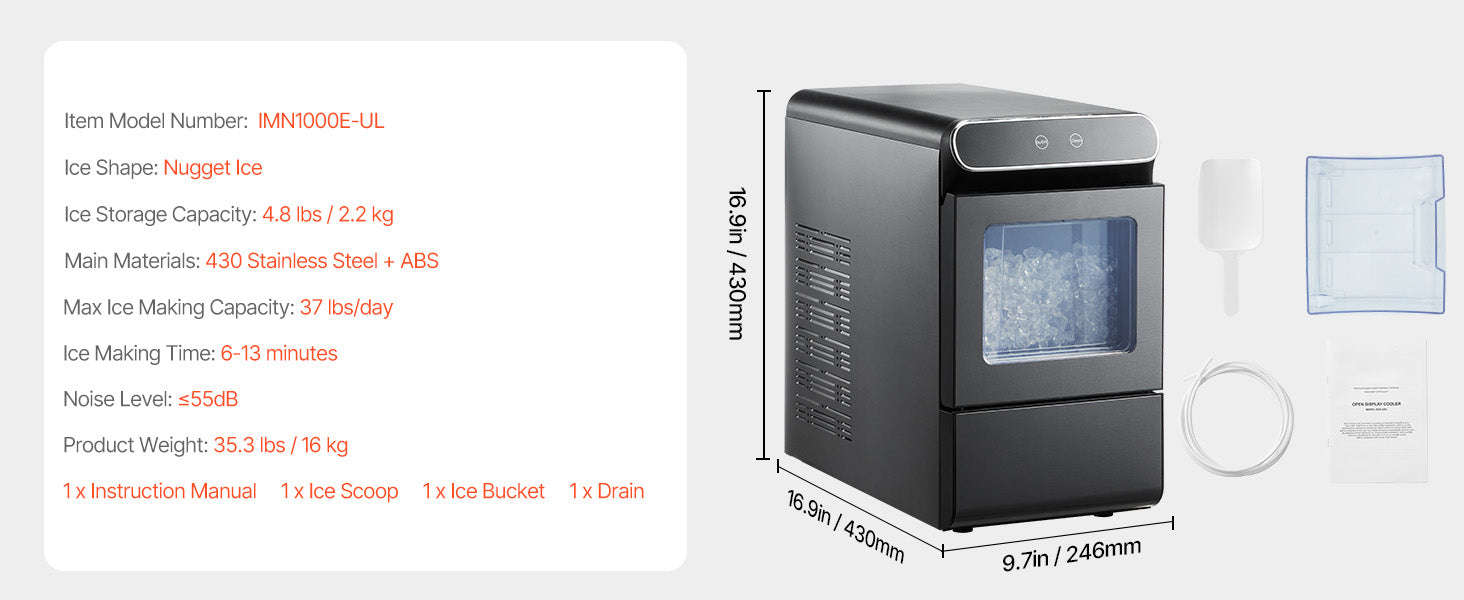 Nugget Ice Maker 37 lbs per Day with Self-Cleaning-37lbs / United States