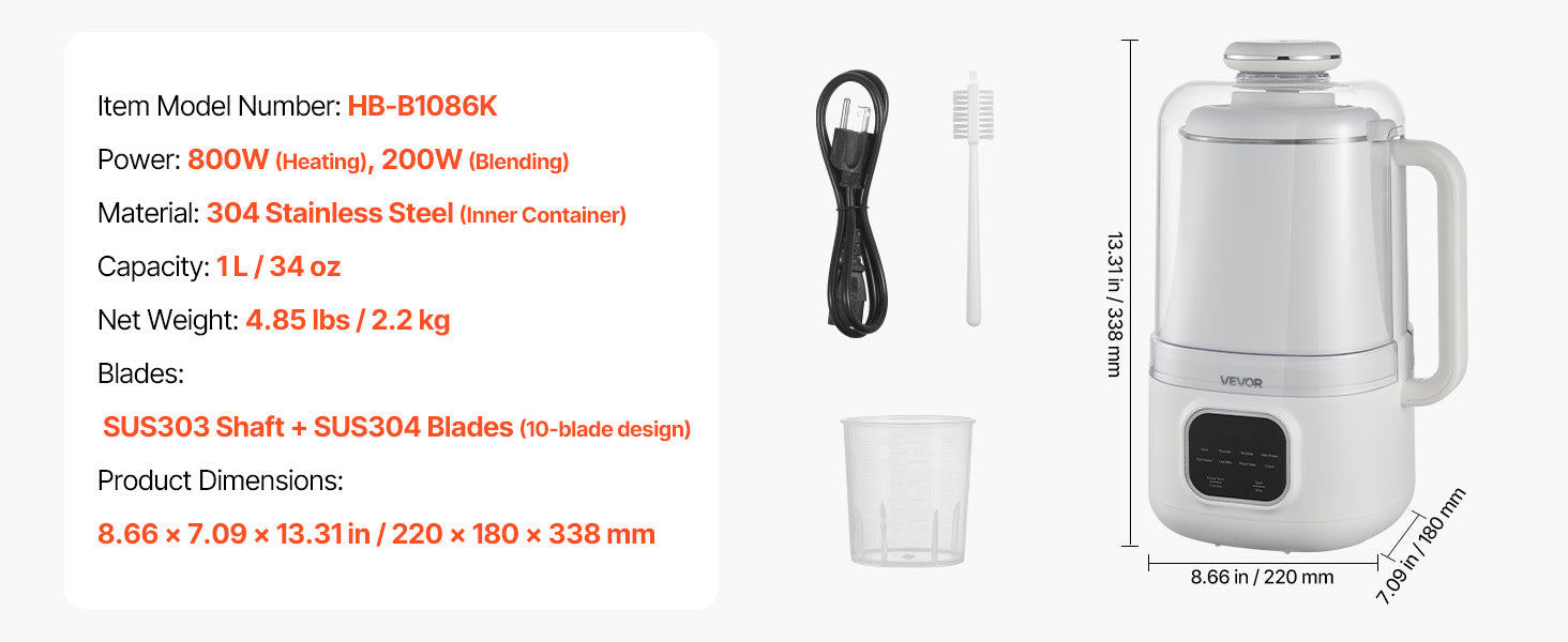 8-in-1 Notenmelkmaker 34oz met Timer en Zelfreinigingsfunctie