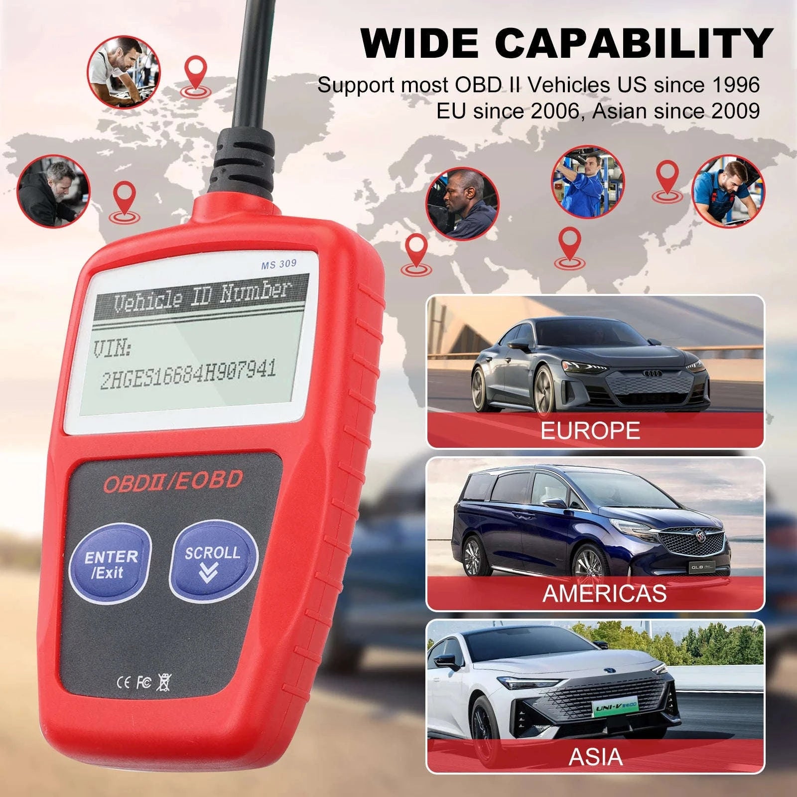 OBD2 Diagnostic Scanner Code Reader-MS309 red / 200mm / United States