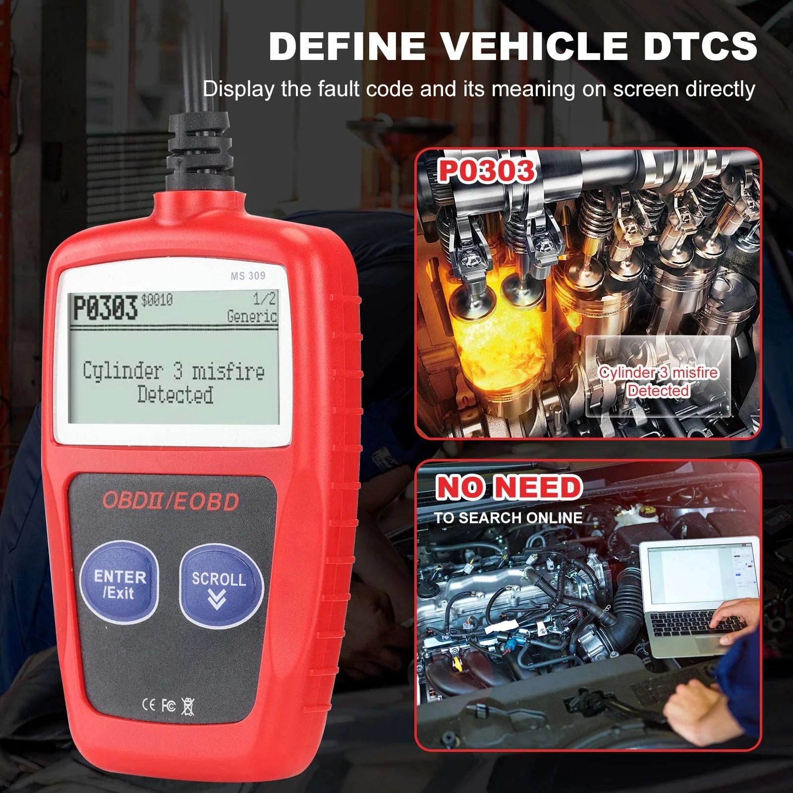 OBD2 Diagnostic Scanner Code Reader-MS309 red / 200mm / United States