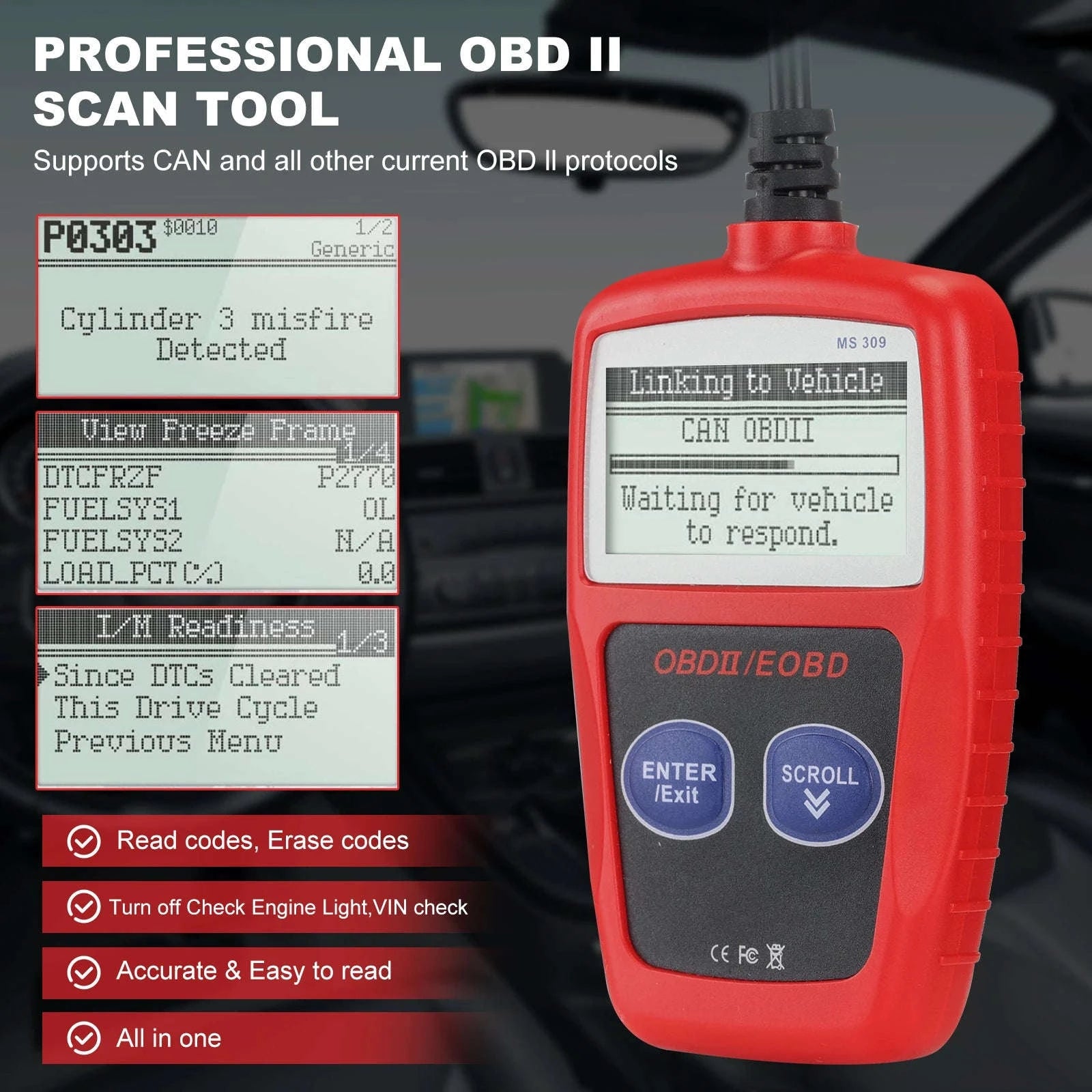 OBD2 Diagnostic Scanner Code Reader-MS309 red / 200mm / United States