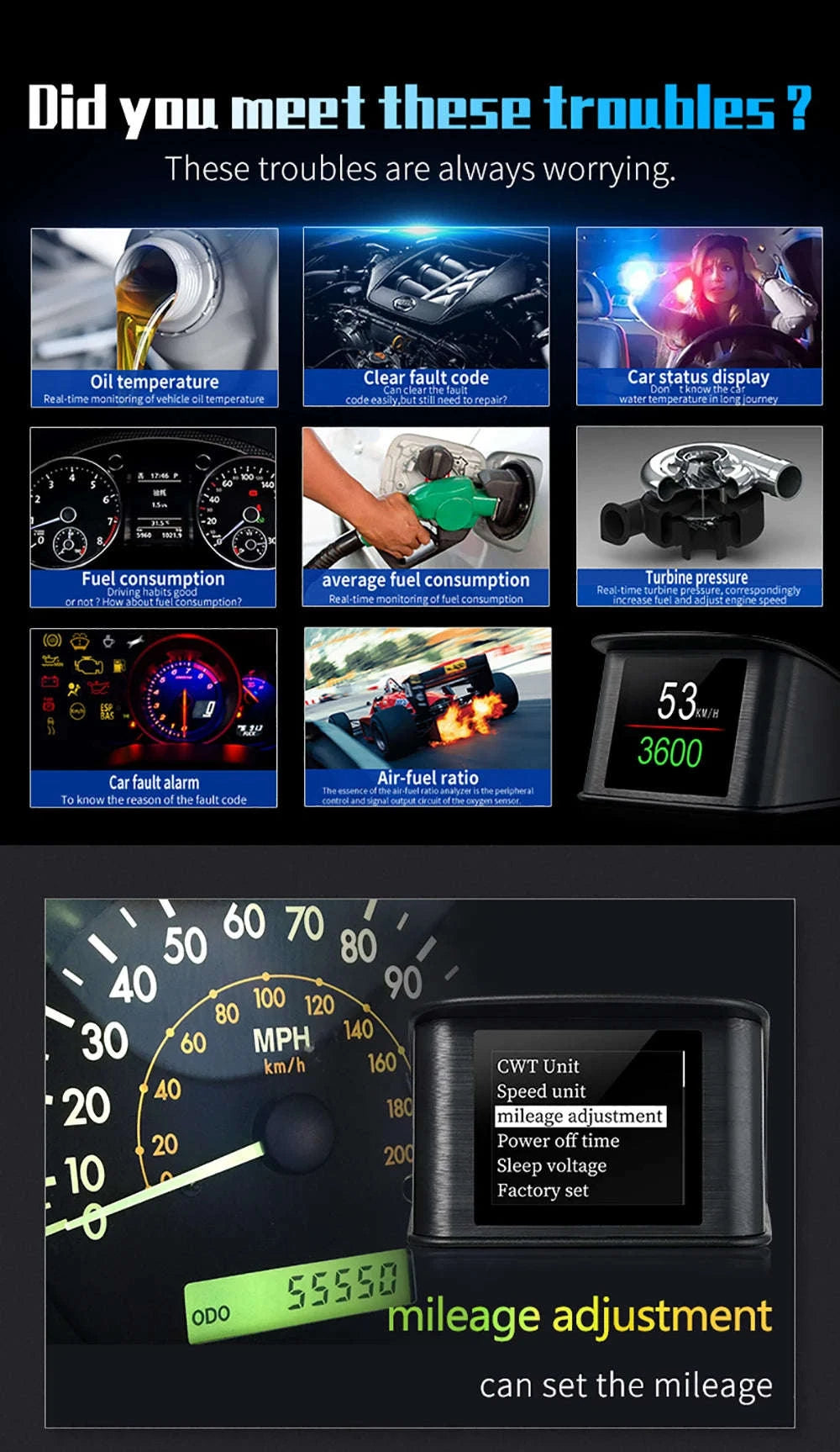 OBD2 Head Up Display Digital Speedometer with Overspeed Alarm-Default Title