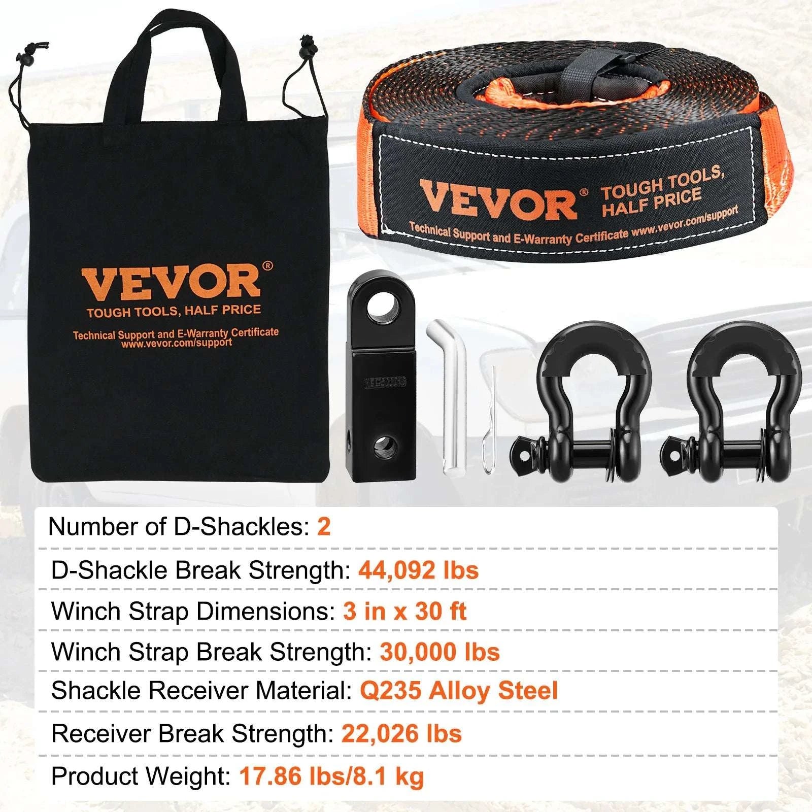 Off-Road Recovery Kit with 30,000 lb Tow Strap & D-Ring Shackles-5-piece set / CZECH REPUBLIC