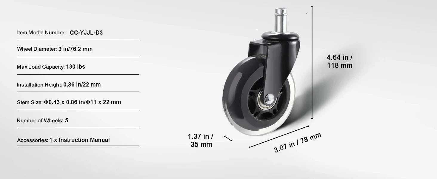 Office Chair Replacement Wheels Set of 5 Smooth Quiet Casters-3 in Single Wheels / CZECH REPUBLIC