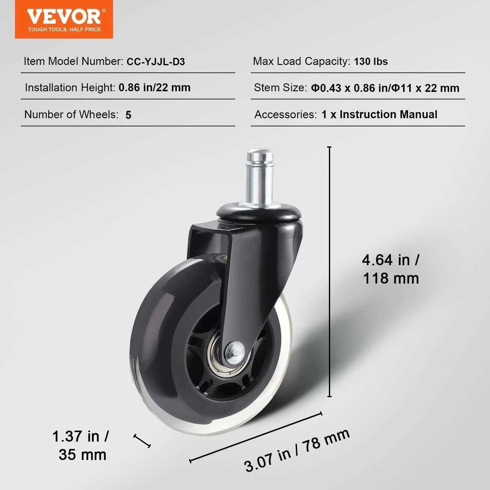Office Chair Replacement Wheels Set of 5 Smooth Quiet Casters-3 in Single Wheels / CZECH REPUBLIC