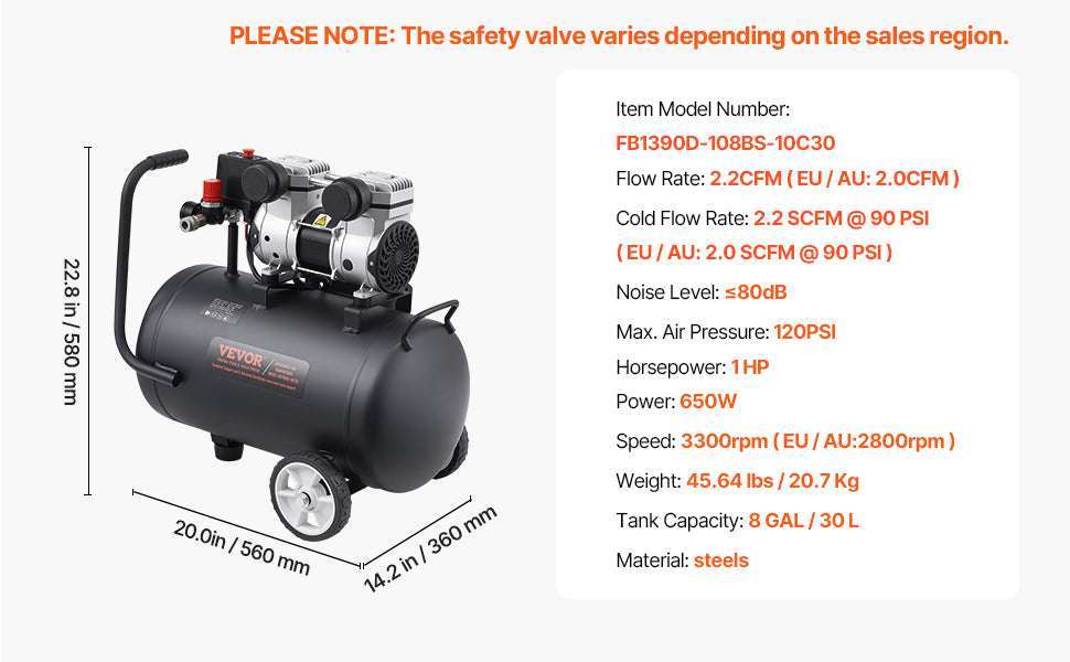 Oil-Free Air Compressor Quiet Electric Pump for Tires & Tools-30L / United States