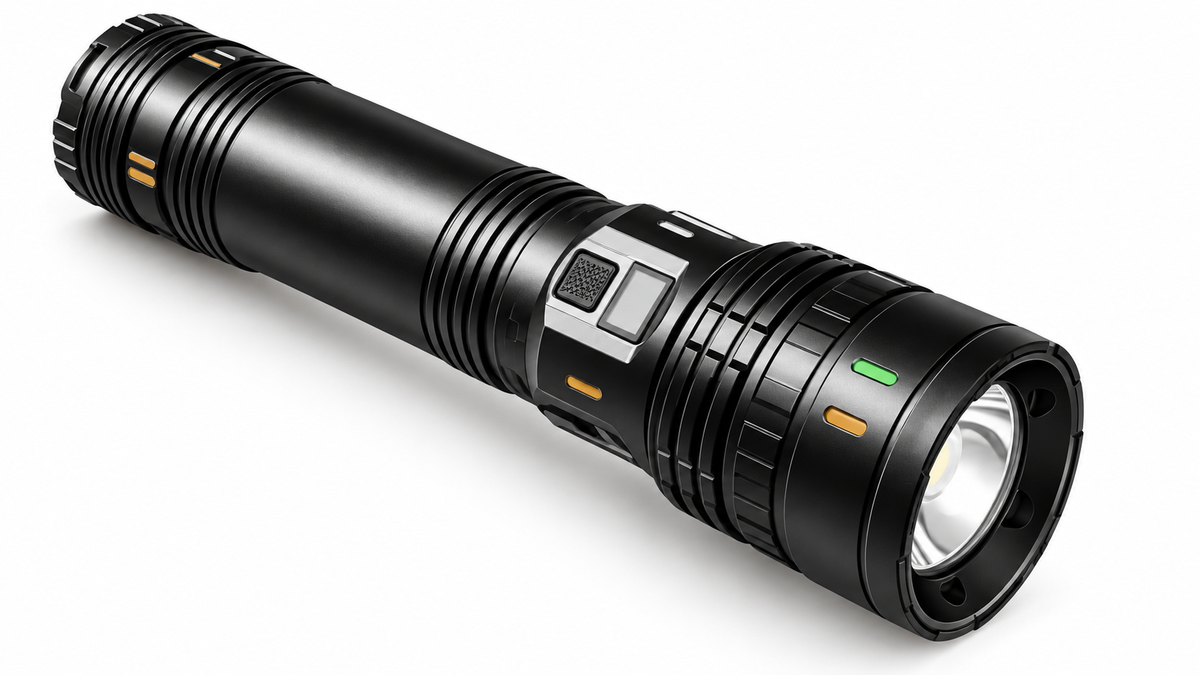 Black rechargeable flashlight with display on white background