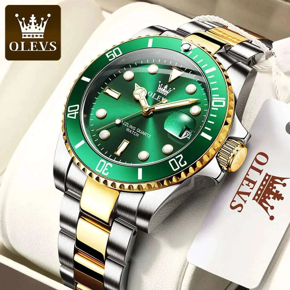 OLEVS Green Waterproof Quartz Watch-Golden blue / No