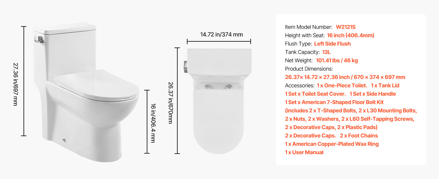 Toilet i ét stykke med forlænget skål og 1,28 GPF Cyclone skylle system