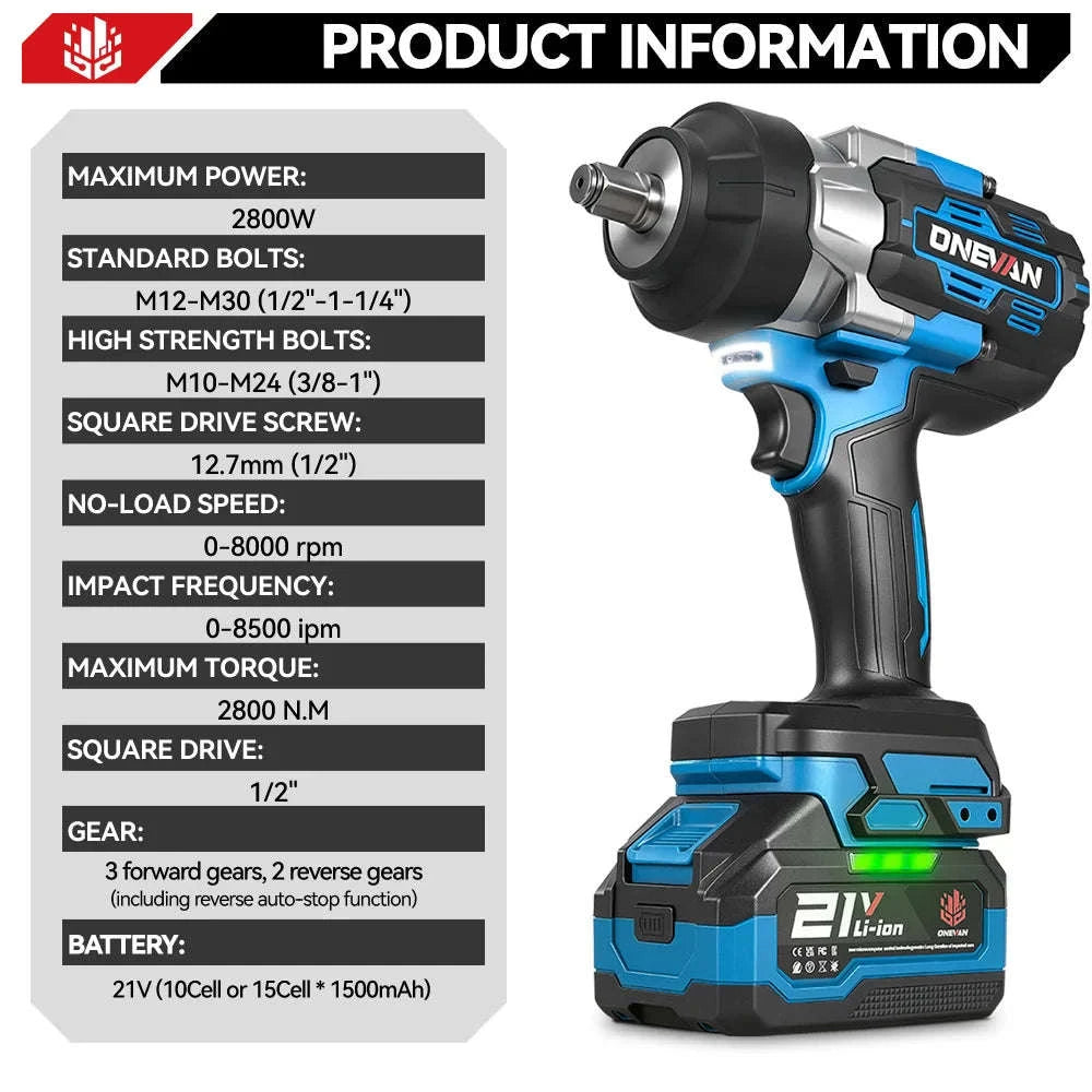 ONEVAN 2800N.M High Torque Brushless Electric Wrench Cordless 1/2 Inch Screwdriver Impact Drill Tool For Makita 18V Battery Pin-2 Big Battery Set / United States