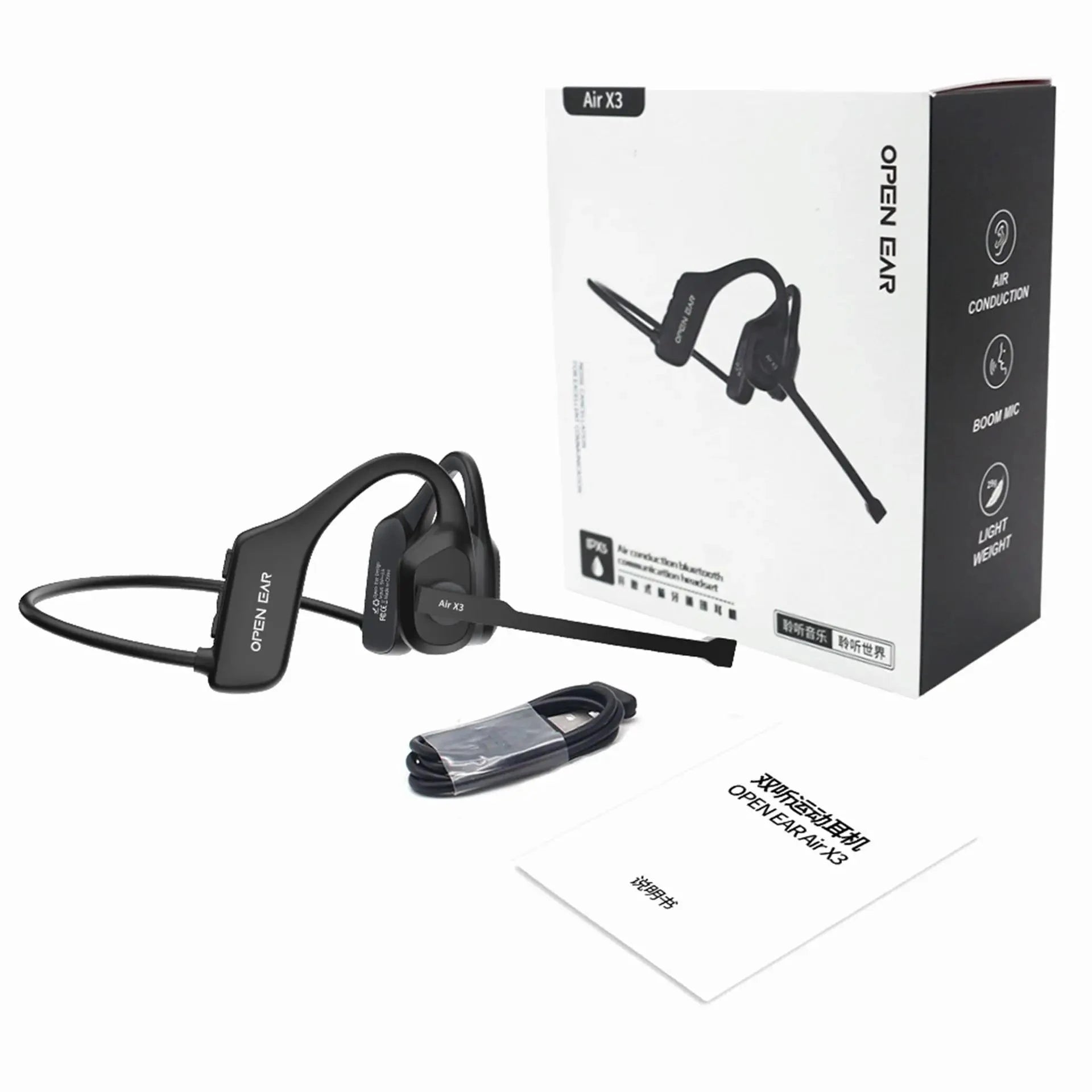 Open-Ear Headset with Noise‑Canceling Boom Microphone-black