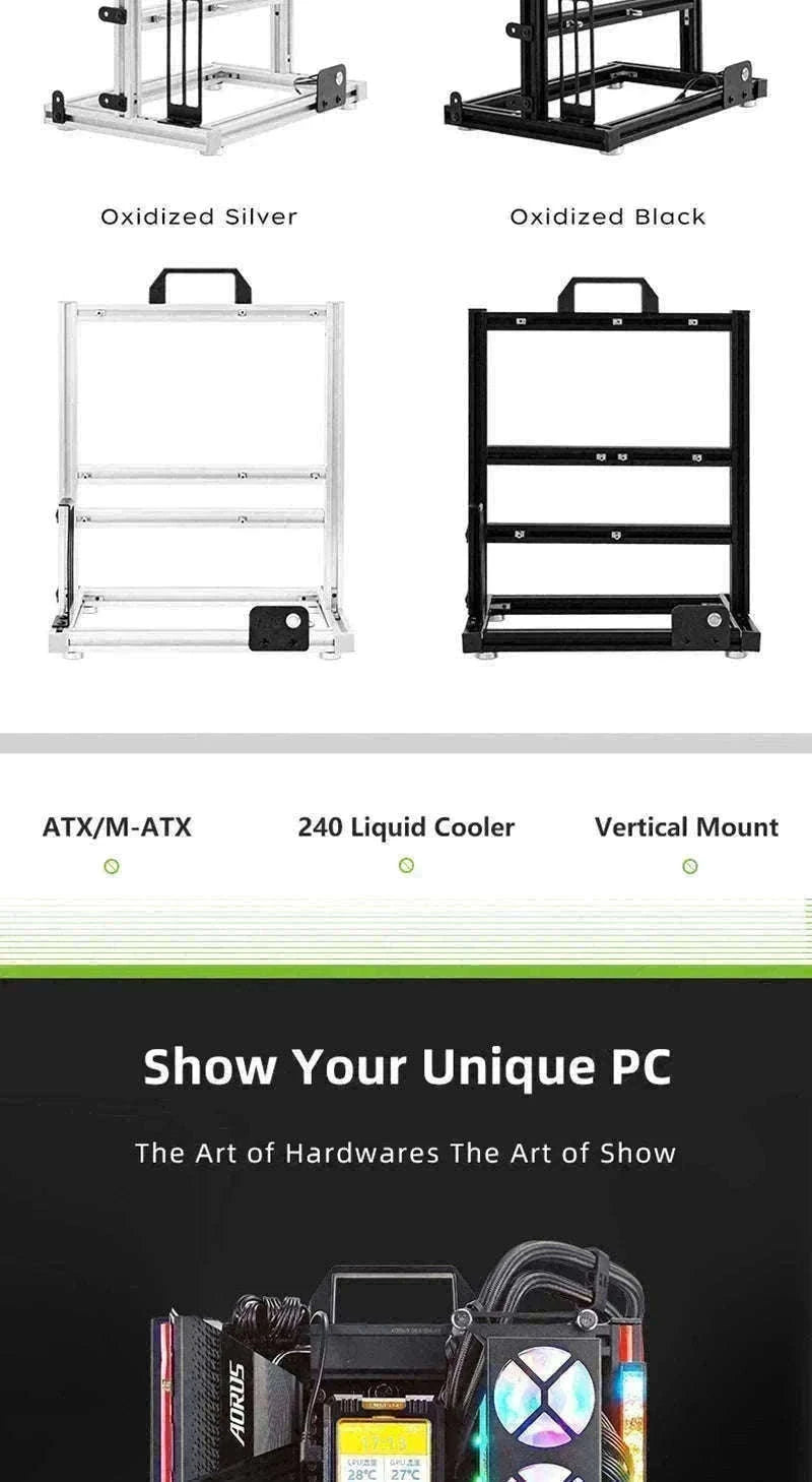 Open Frame ATX Aluminum PC Case with Horizontal GPU Mount-BlockCase Silver