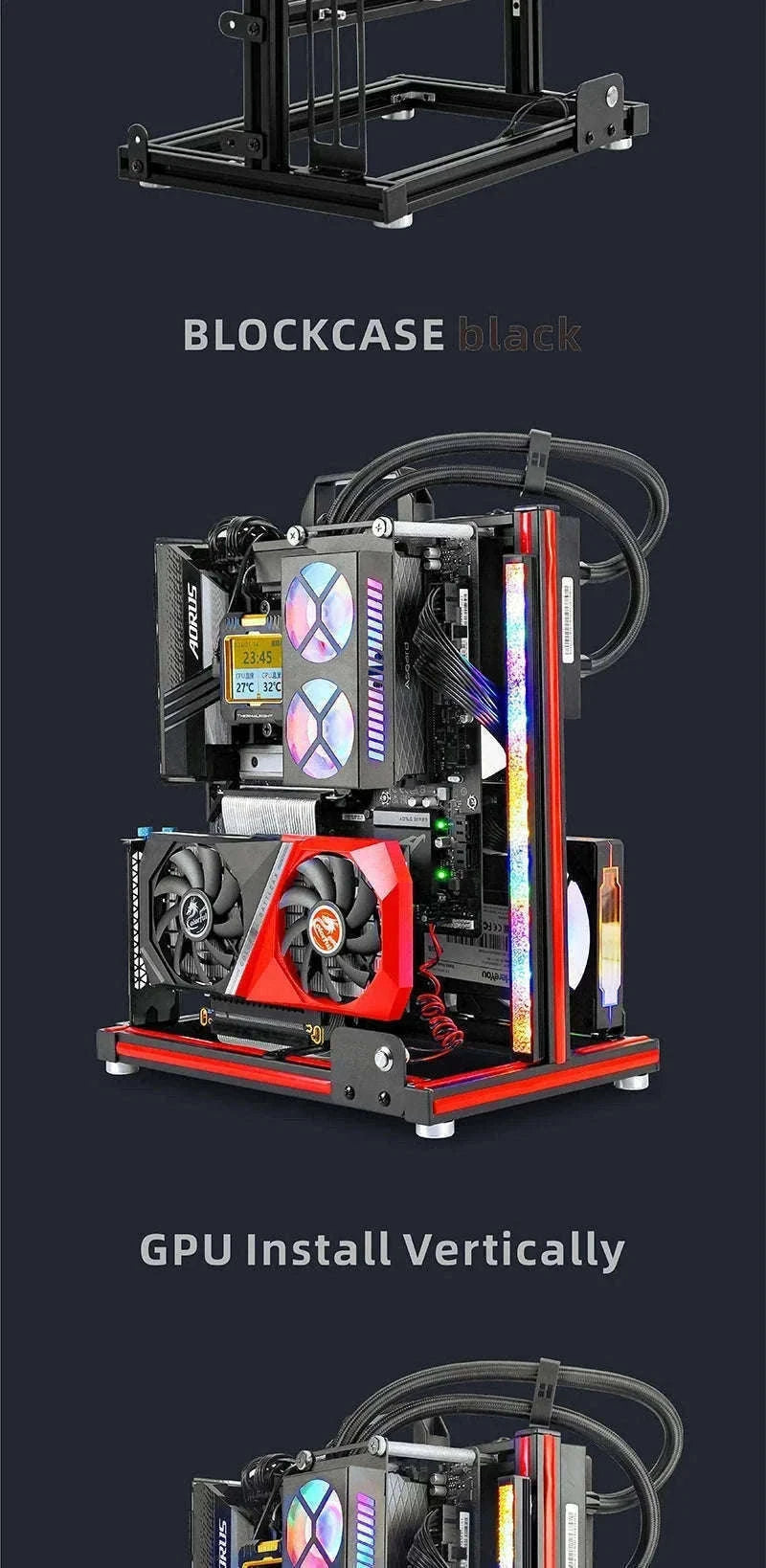 Open Frame ATX Aluminum PC Case with Horizontal GPU Mount-BlockCase Silver