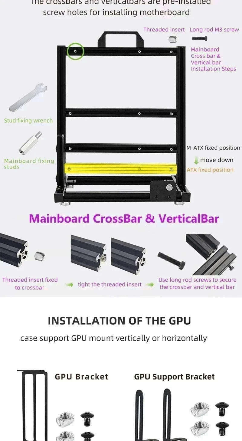 Open Frame ATX Aluminum PC Case with Horizontal GPU Mount-BlockCase Silver