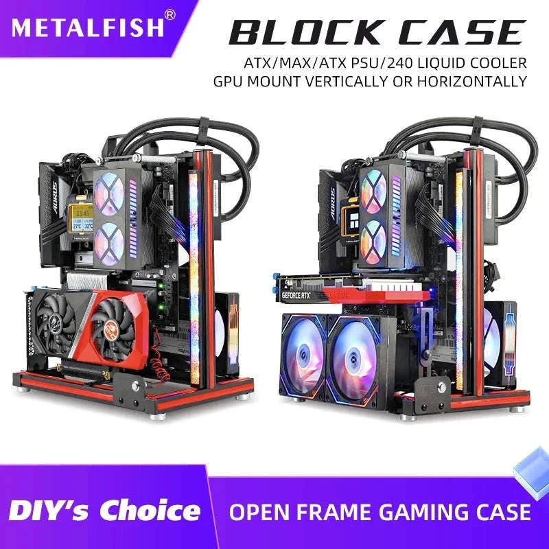 Open Frame ATX Aluminum PC Case with Horizontal GPU Mount-BlockCase Silver