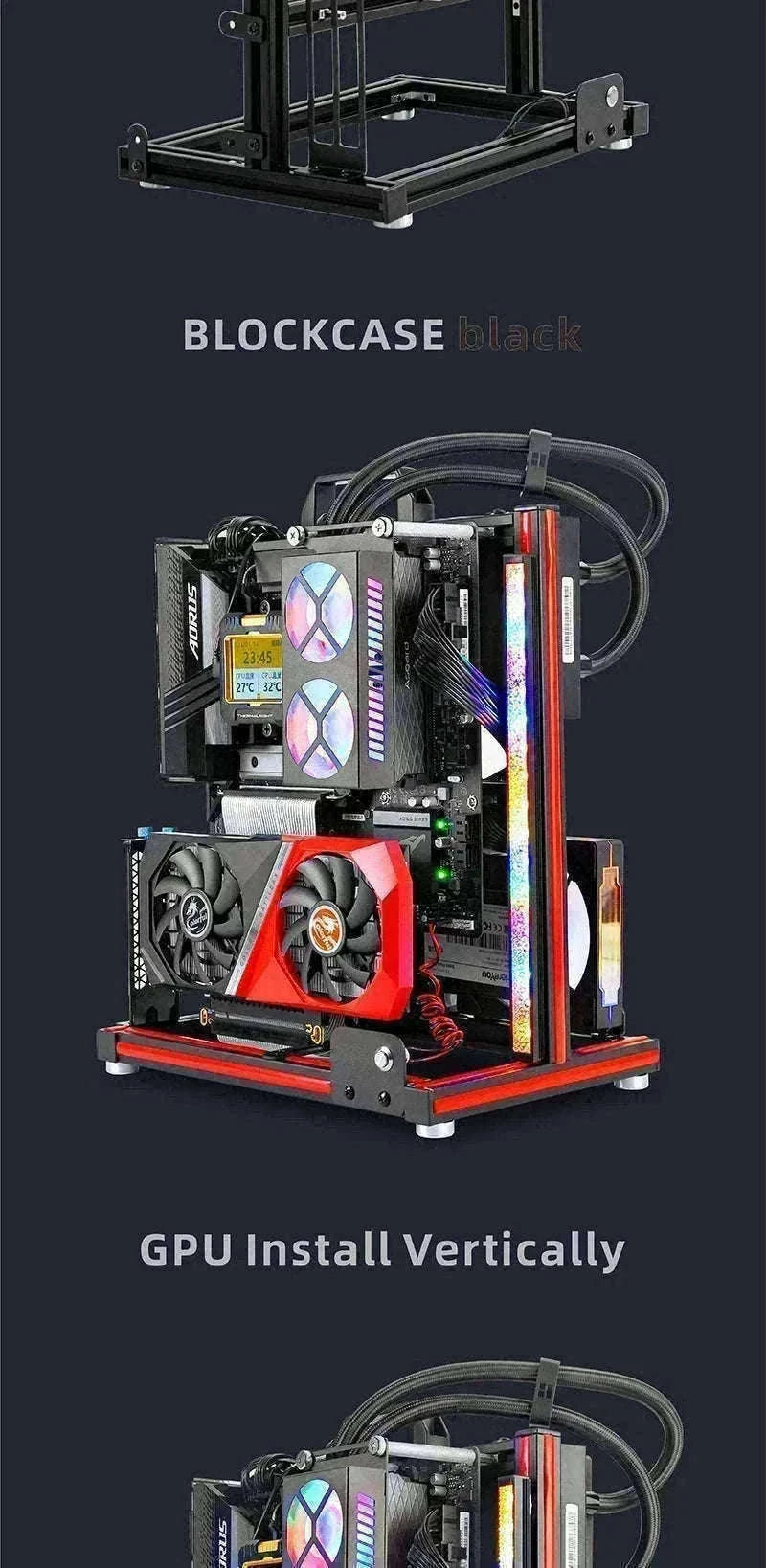 Open Frame ATX Aluminum PC Case with Horizontal GPU Mount-BlockCase Silver
