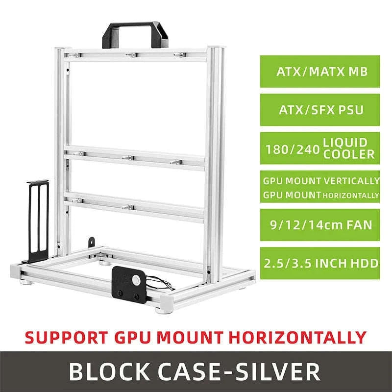 Open Frame ATX Aluminum PC Case with Horizontal GPU Mount-BlockCase Silver