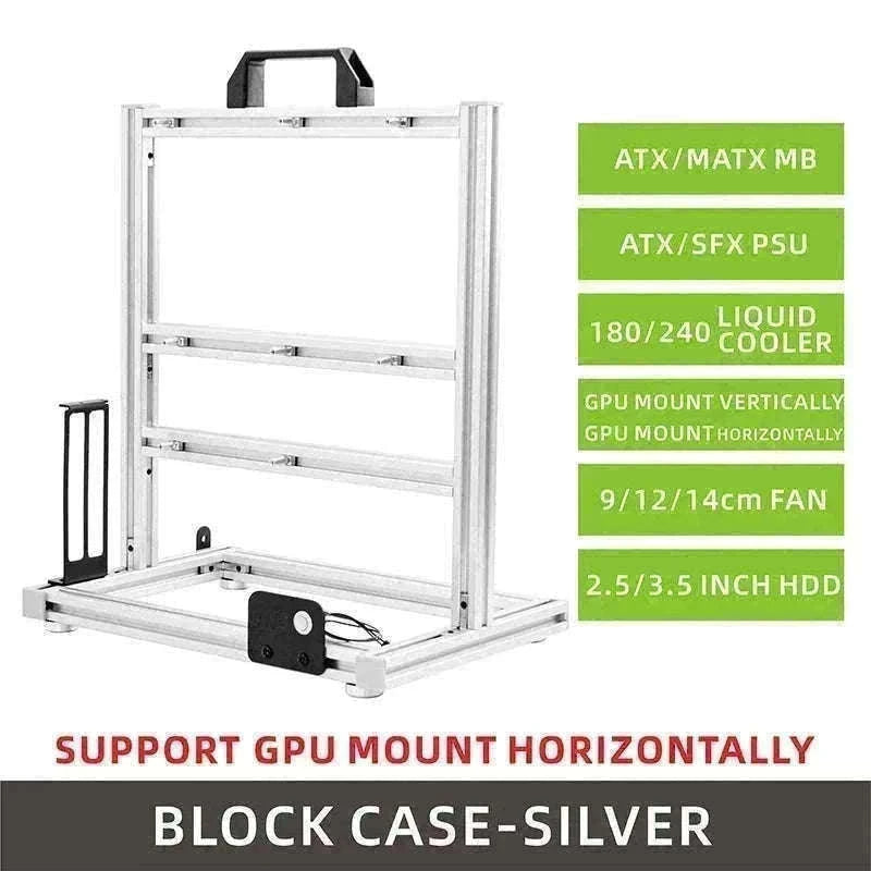 Open Frame ATX Aluminum PC Case with Horizontal GPU Mount-BlockCase Silver