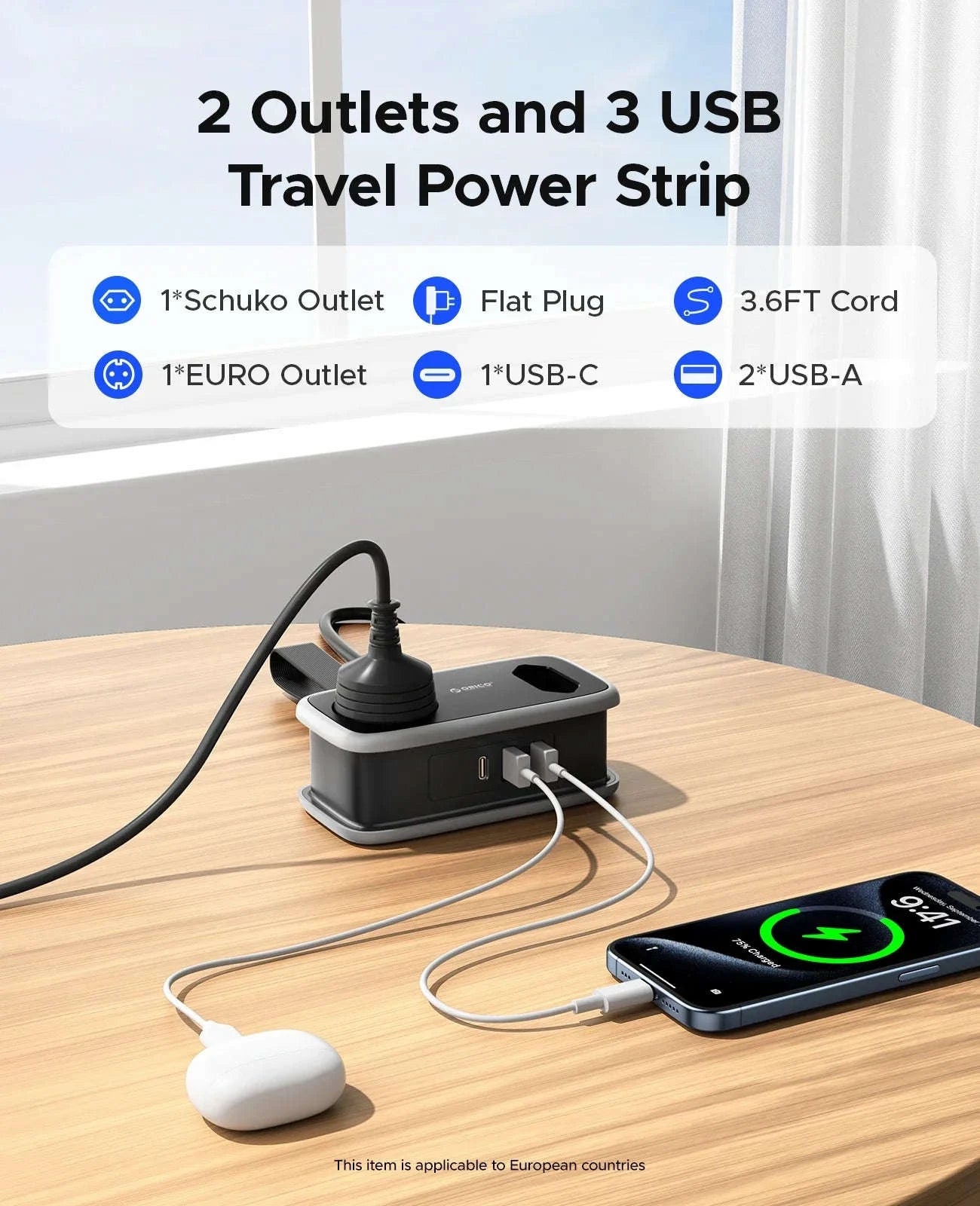 ORICO EU Plug Travel Power Strip with USB Charging-2A3U White / EU Plug / GERMANY