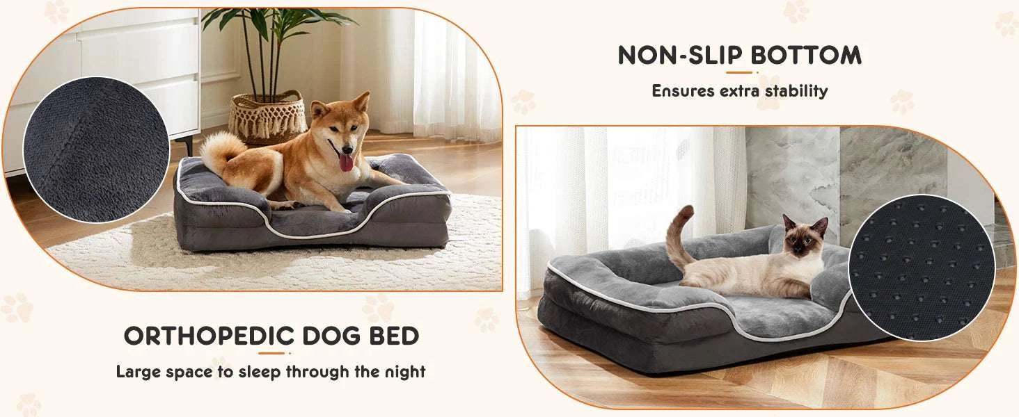 Orthopedic Memory Foam Dog Bed with Washable Cover & Non-Slip Base-