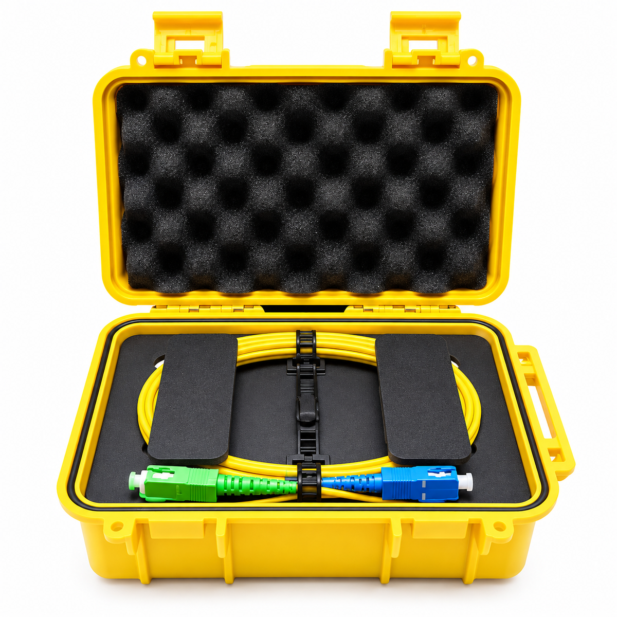 Yellow OTDR launch fibre case with coiled cable and connectors on a white background