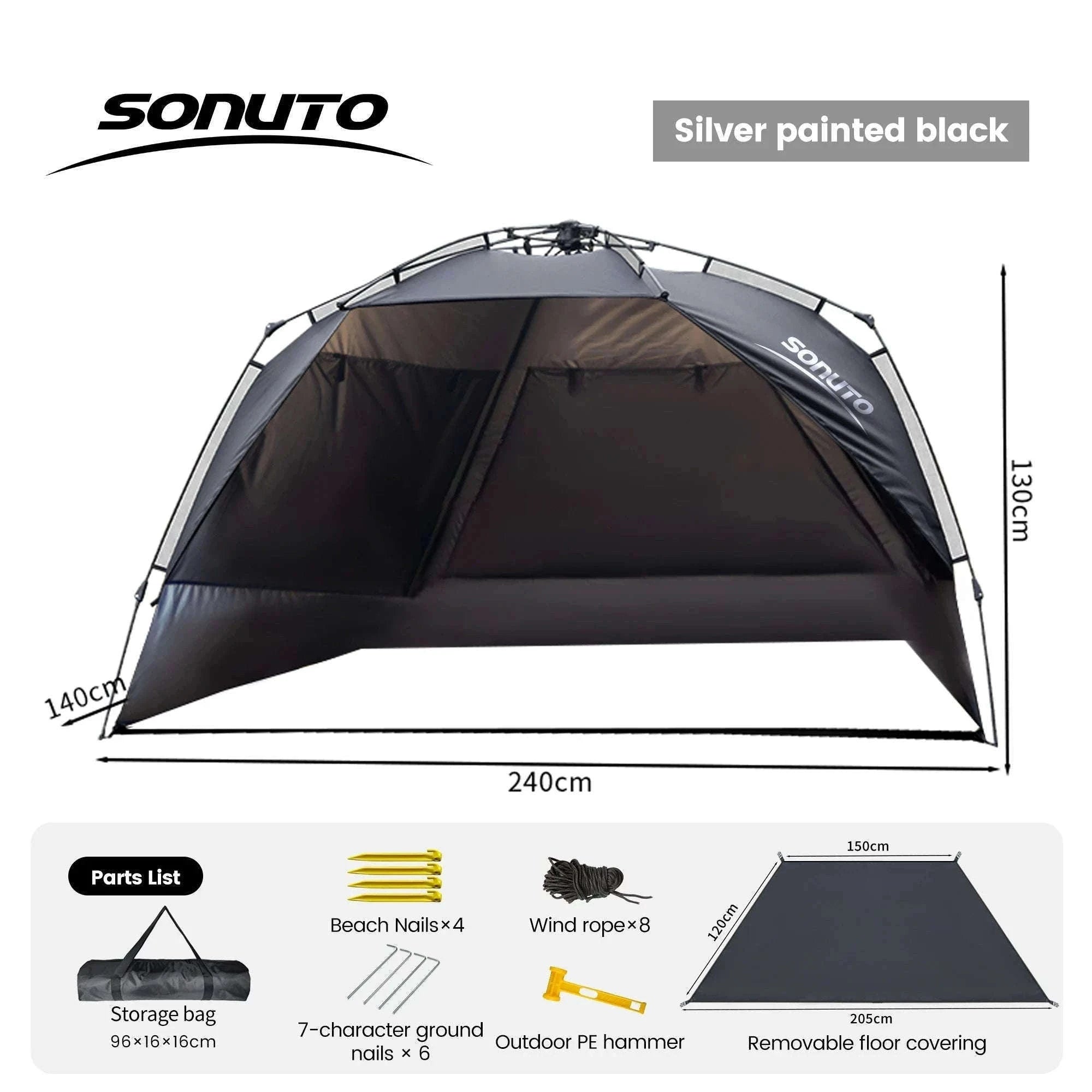Outdoor 3-4 Person One-Touch Pop Up Camping Tent-Silver Coated Black