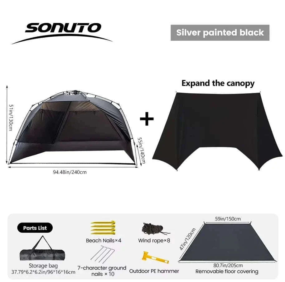 Outdoor 3-4 Person One-Touch Pop Up Camping Tent-Silver Coated Black