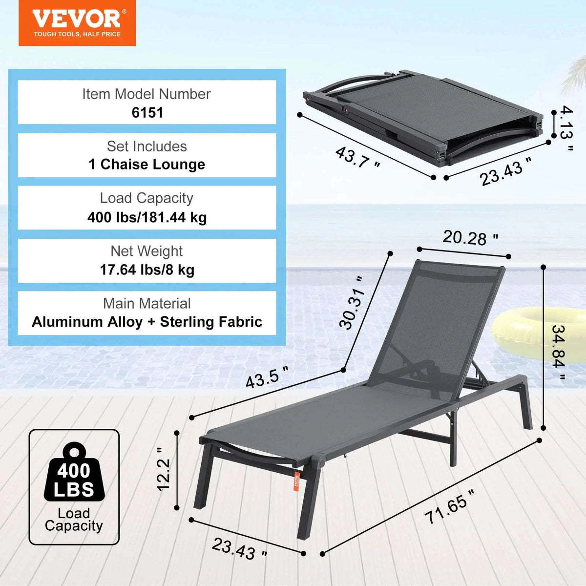 Outdoor Aluminum Folding Chaise Lounge Chair, Dark Grey-Blue 17.64lbs / Poland