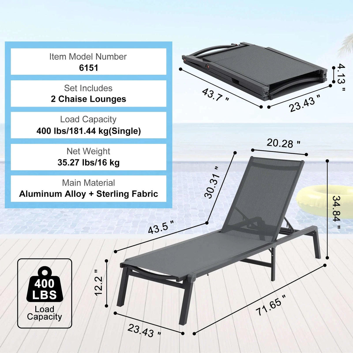 Outdoor Aluminum Folding Chaise Lounge Chair, Dark Grey-Blue 17.64lbs / Poland