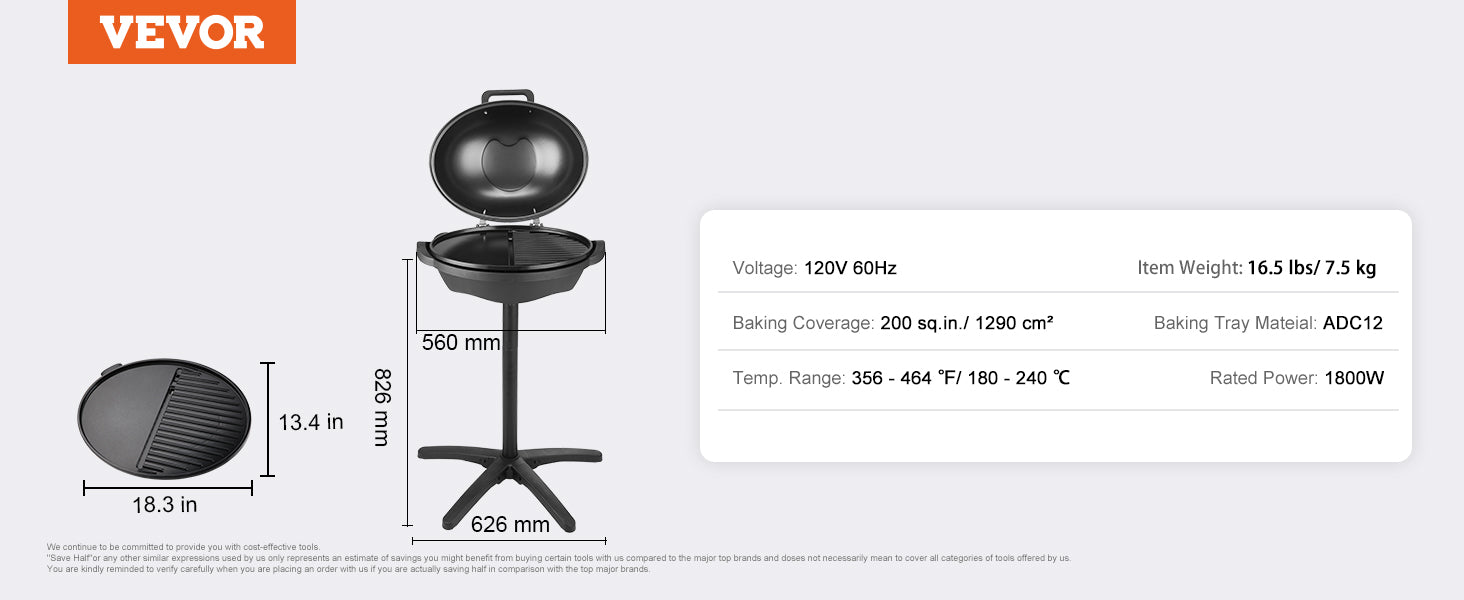 1800W Electric BBQ Grill with 2-Zone Surface for Indoor Outdoor Use