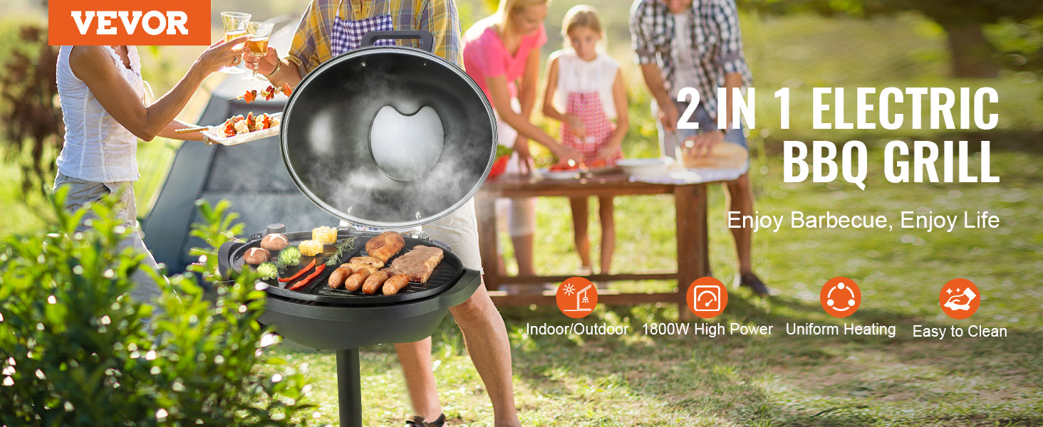 1800W Electric BBQ Grill with 2-Zone Surface for Indoor Outdoor Use