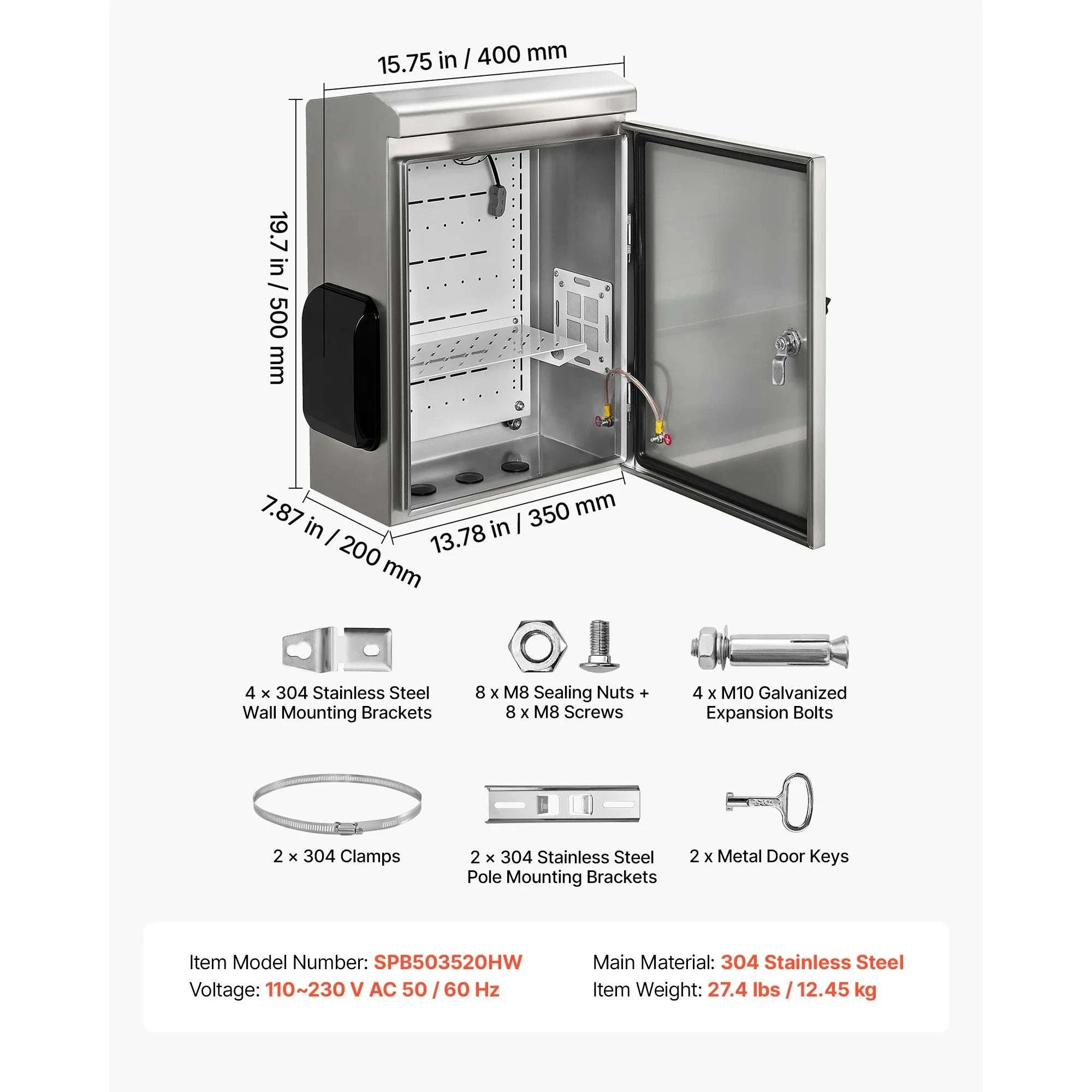 Outdoor Electrical Enclosure Box 20x16x8 Stainless Steel IP65 Ventilated Cabinet-350x200x500 mm / United States