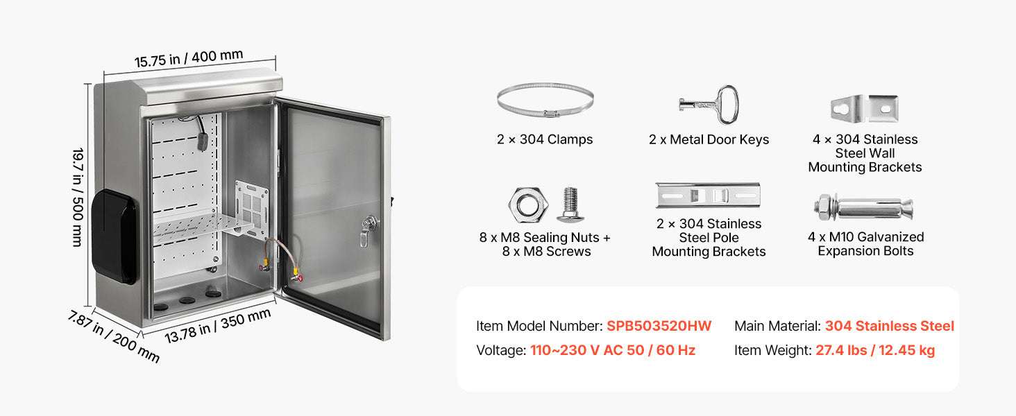 Outdoor Electrical Enclosure Box 20x16x8 Stainless Steel IP65 Ventilated Cabinet-350x200x500 mm / United States