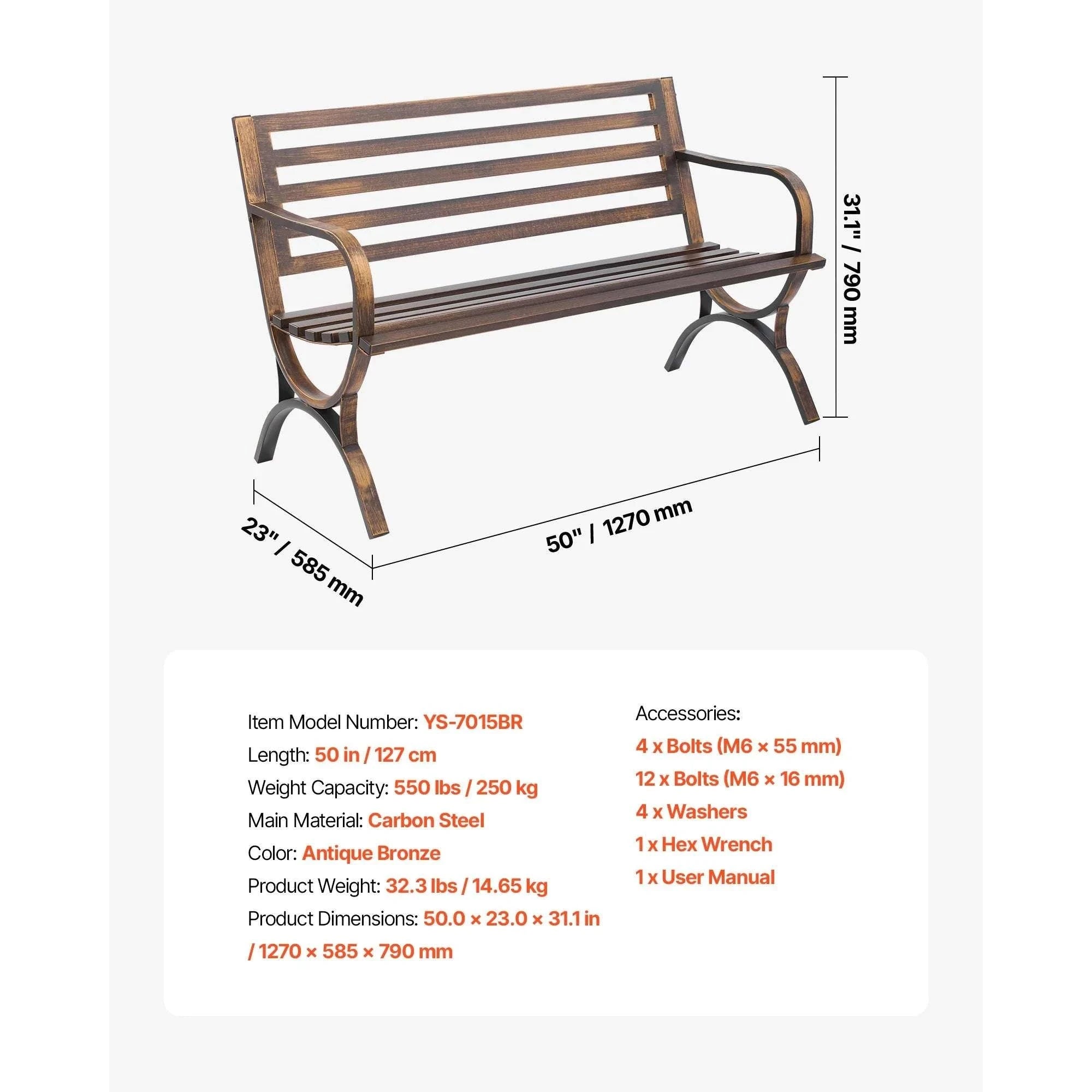 Outdoor Garden Bench with Backrest 480 lb Capacity Patio Seating-Metal C 127cm / france