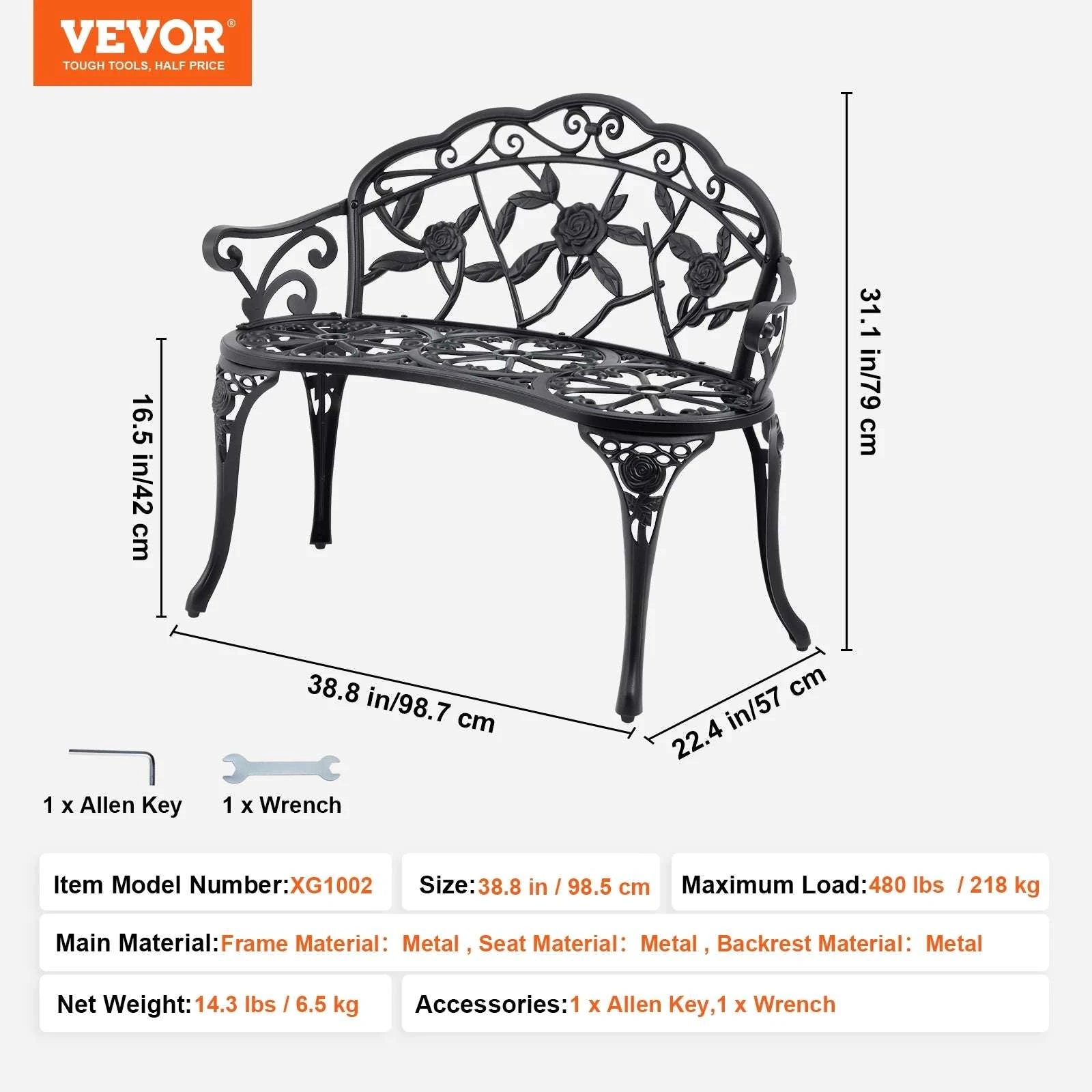 Outdoor Garden Bench with Backrest 480 lb Capacity Patio Seating-Metal C 127cm / france