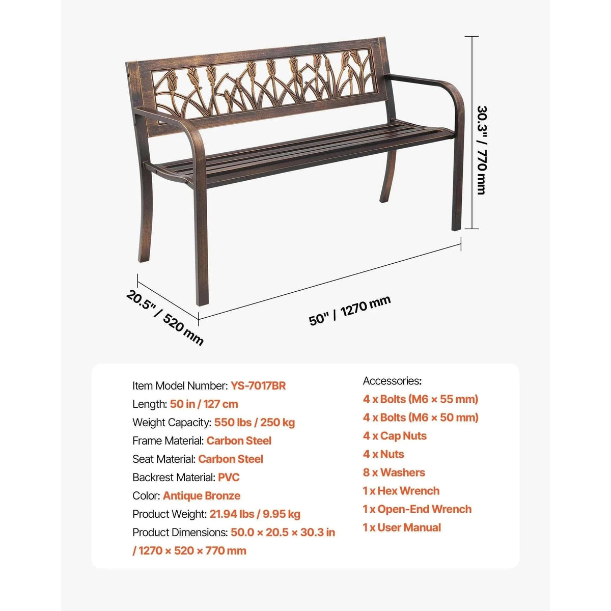 Outdoor Garden Bench with Backrest 480 lb Capacity Patio Seating-Metal C 127cm / france