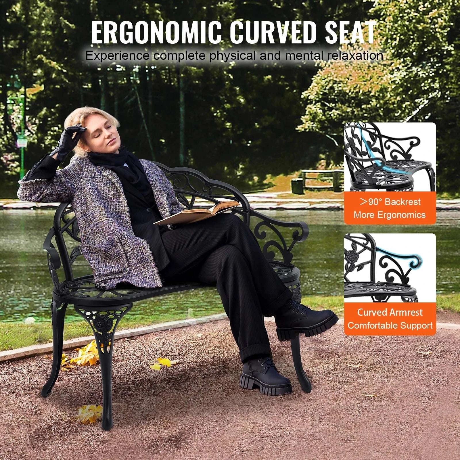 Outdoor Garden Bench with Backrest 480 lb Capacity Patio Seating-Metal C 127cm / france