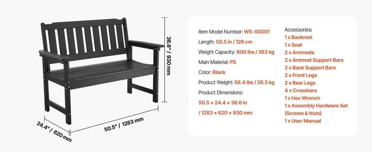 Outdoor Garden Bench with Backrest 480 lb Capacity Patio Seating-Metal C 127cm / france