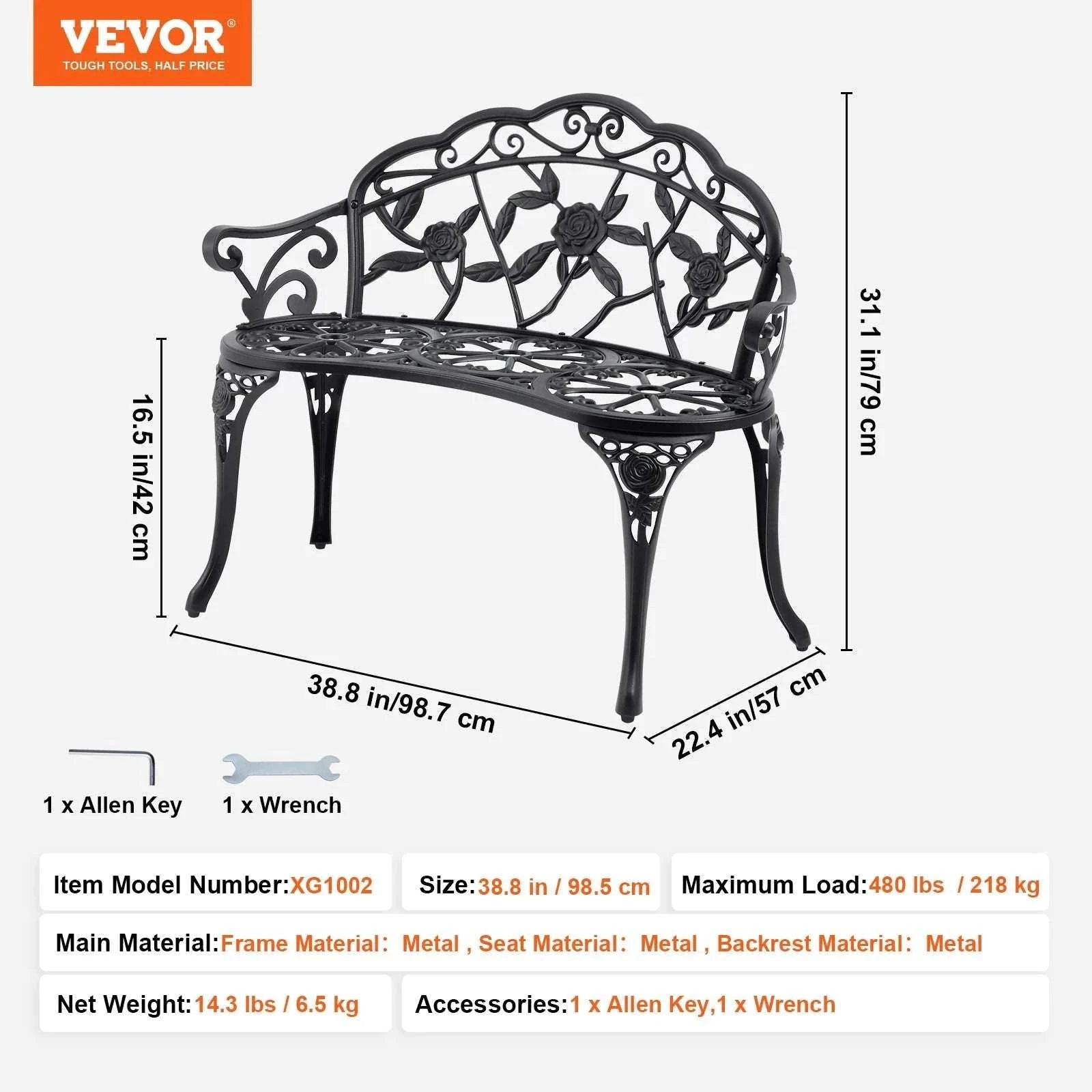 Outdoor Garden Bench with Backrest 480 lb Capacity Patio Seating-Metal C 127cm / france