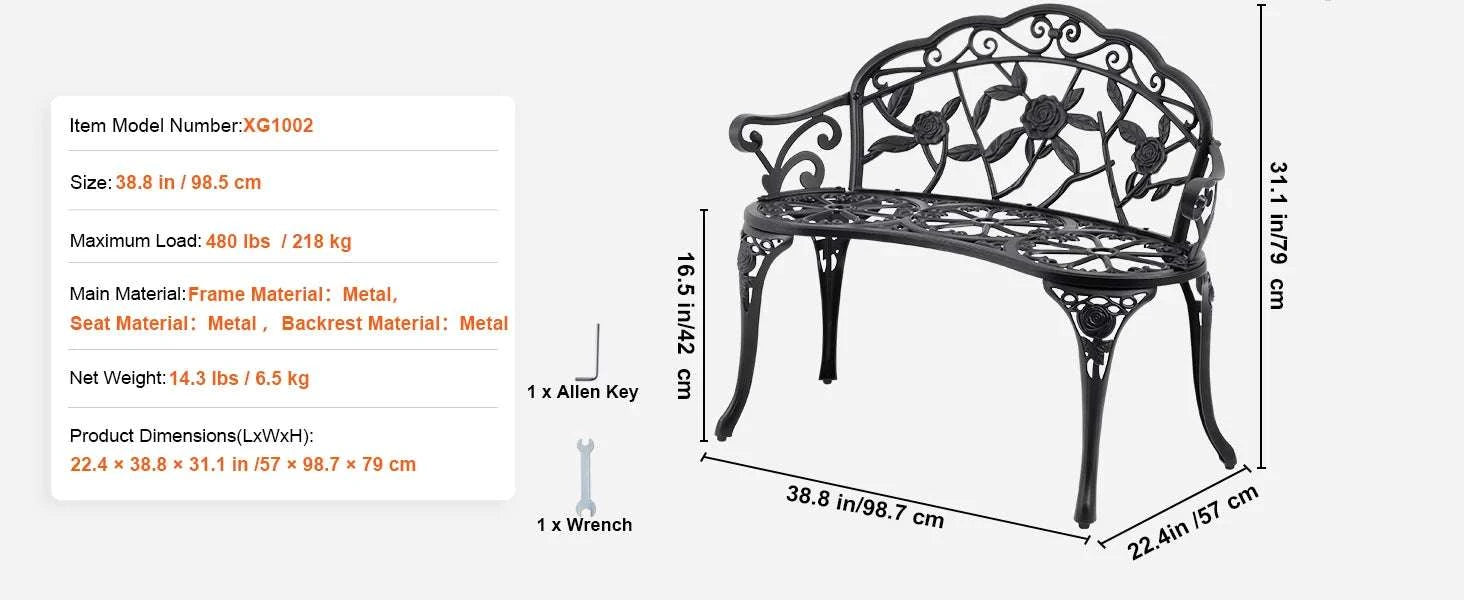 Outdoor Garden Bench with Backrest 480 lb Capacity Patio Seating-Metal C 127cm / france